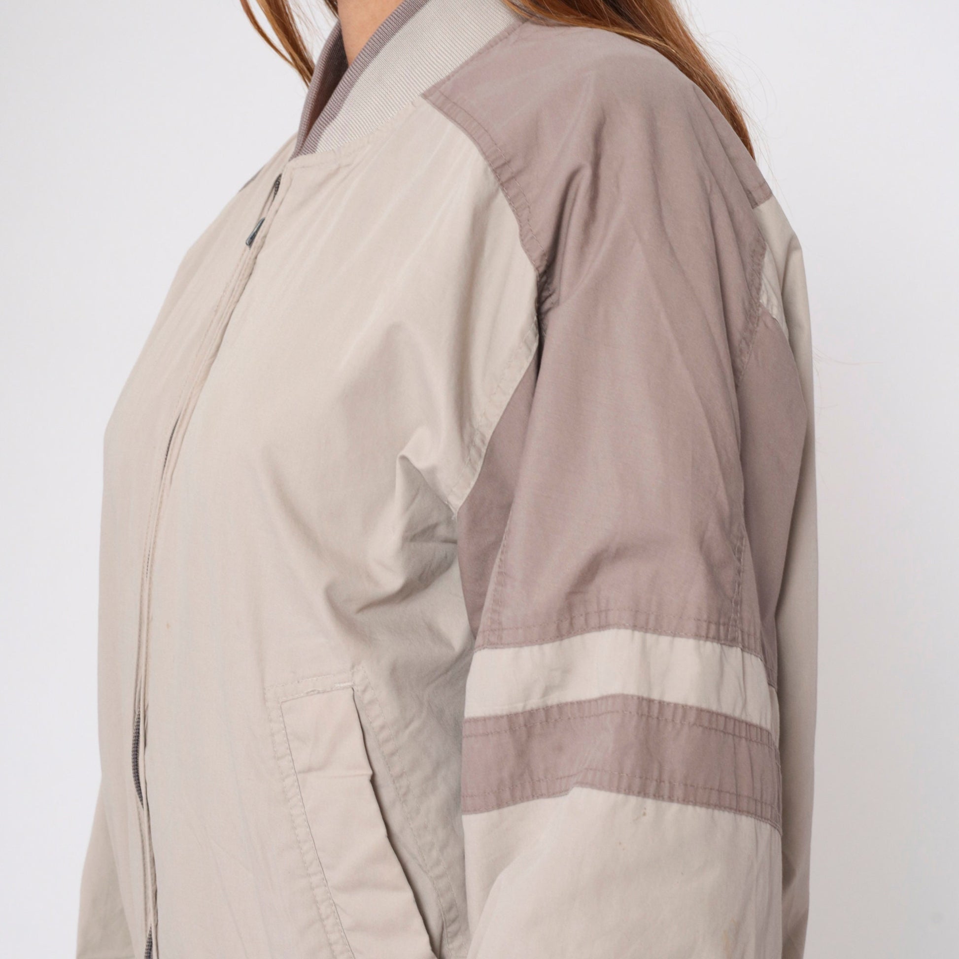 80s Members Only Reversible Windbreaker Jacket Taupe Grey Striped Medium