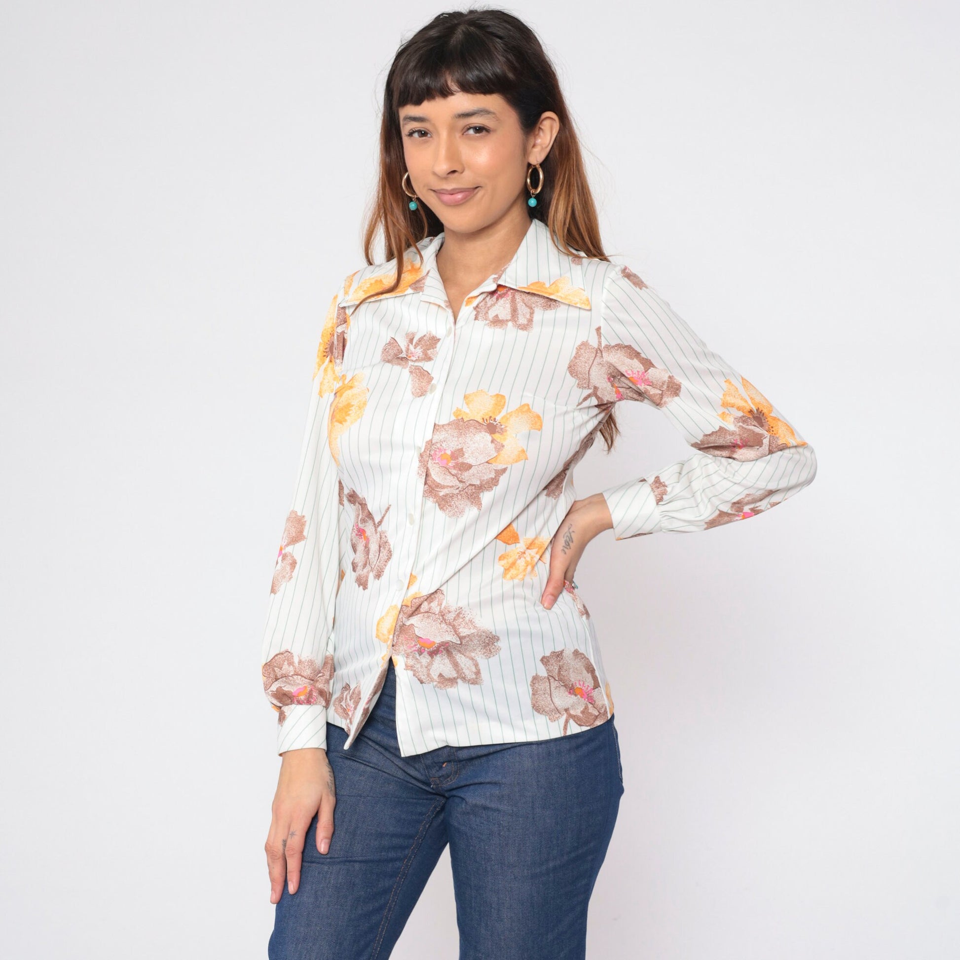 70s Striped Floral White Button-Up Blouse Pointed Collar Long Sleeve Small