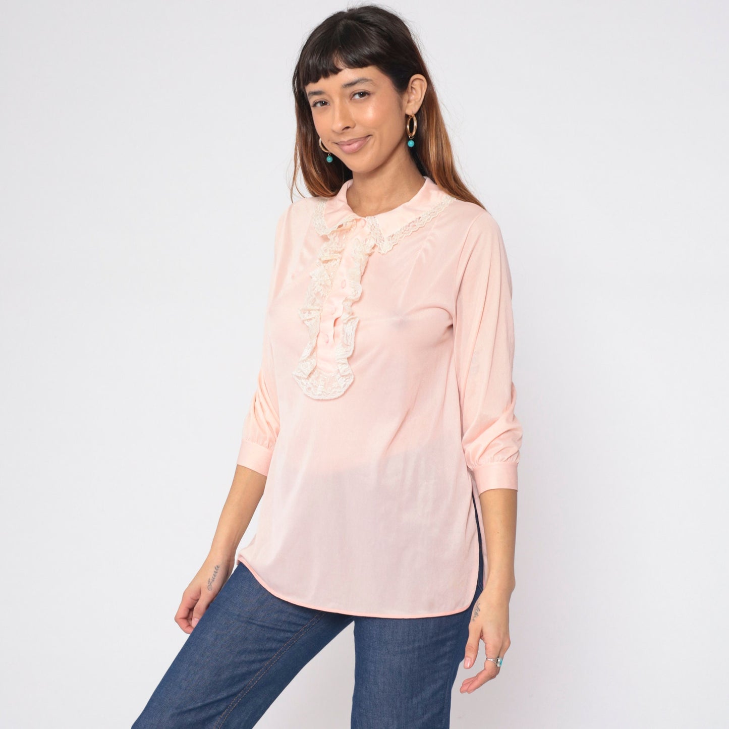 70s Baby Pink Ruffle Blouse Lace Jabot Collar 3/4 Sleeve Longline Small S