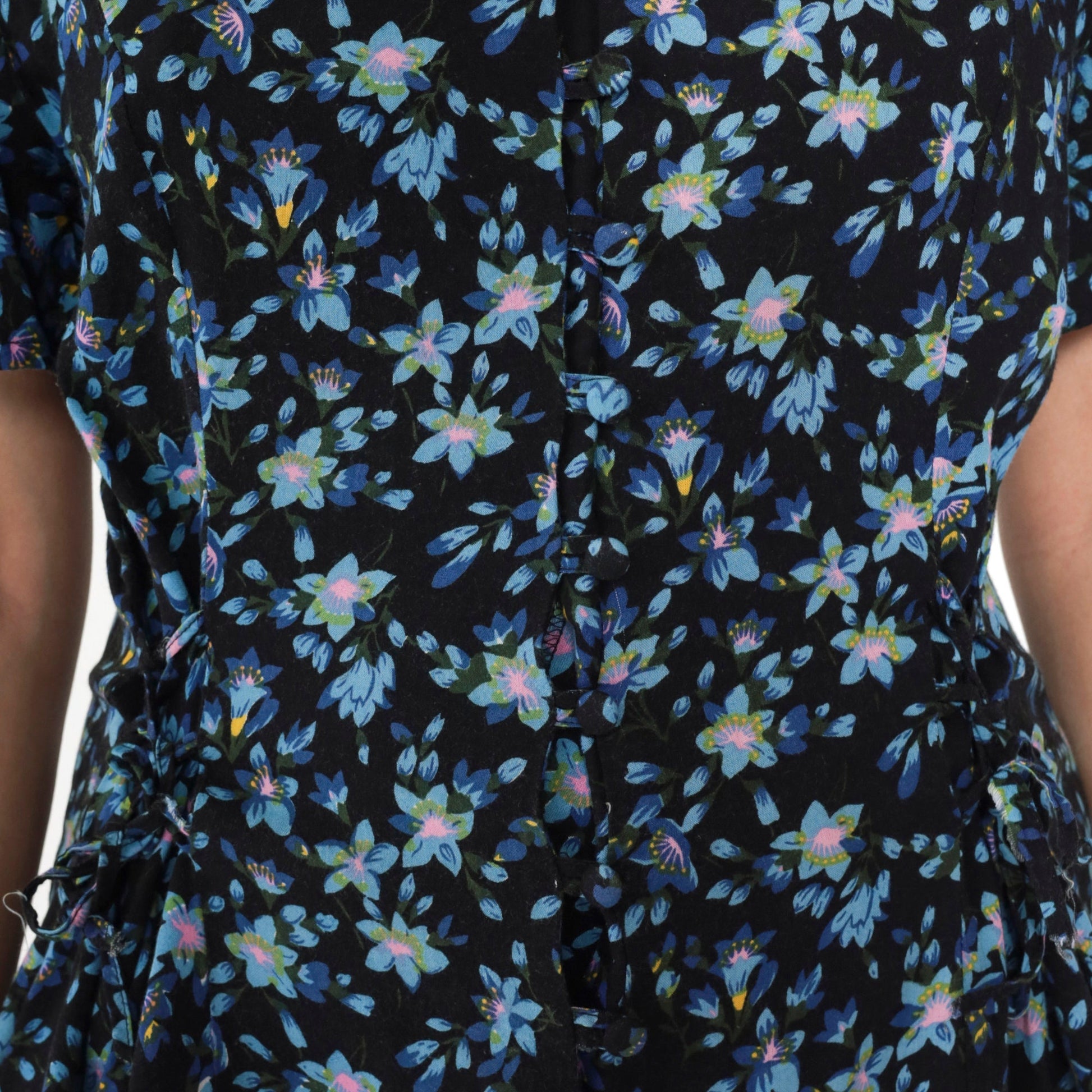 90s Lauren Brooke Floral Romper Black Blue Button Up Wide Leg Medium