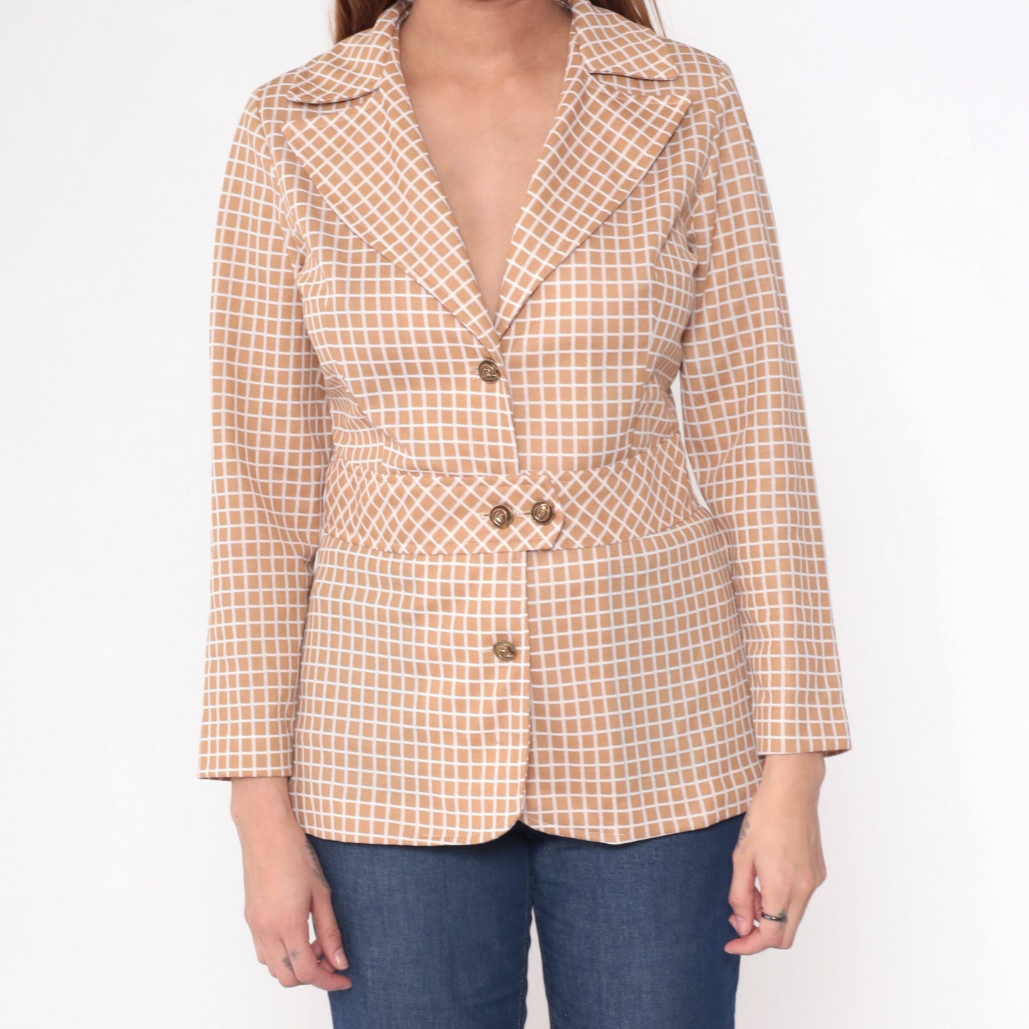 70s Tan Checkered Blazer Windowpane Button-Up Jacket Small