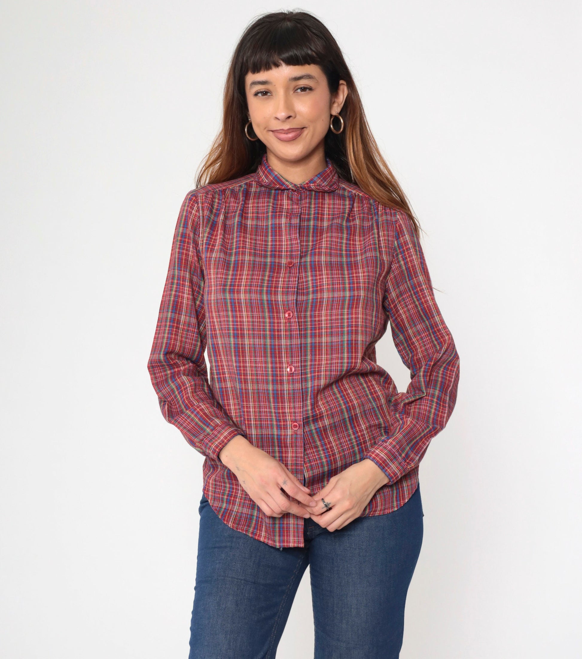 70s Plaid Button-Up Shirt Multicolored Tartan Collared Long Sleeve Small S