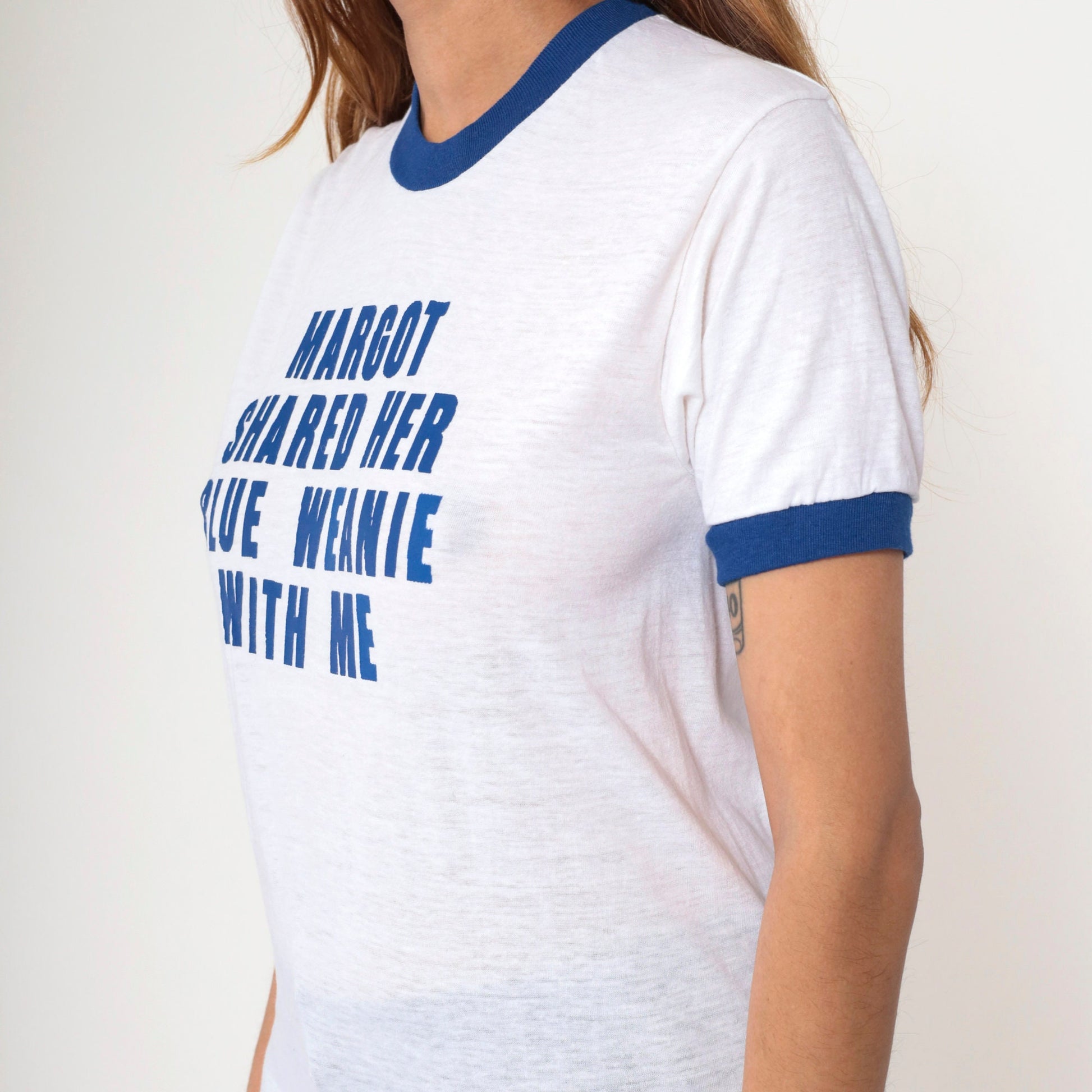 80s KC Sportswear Ringer Tee Margot Blue Weenie Graphic Joke Shirt Small