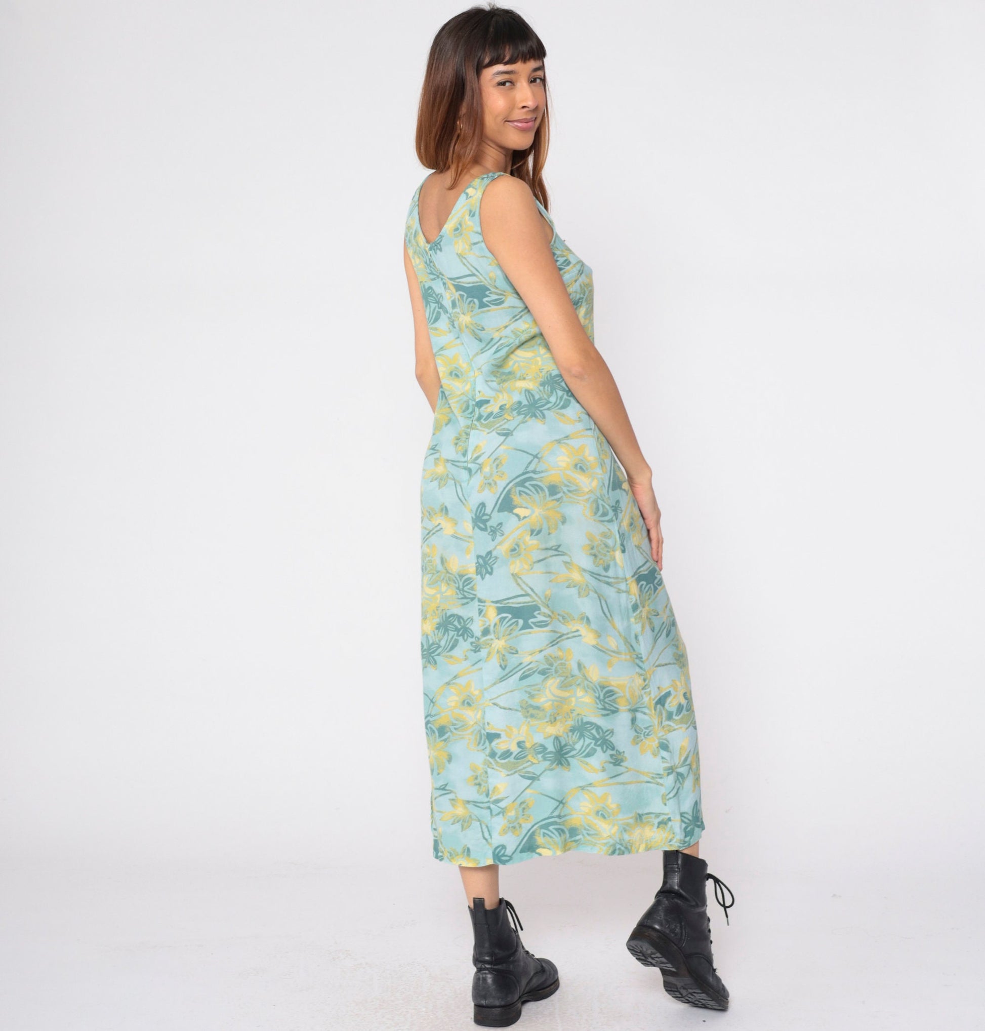 90s Seafoam Floral Rayon Maxi Dress Sleeveless Side Slit Small
