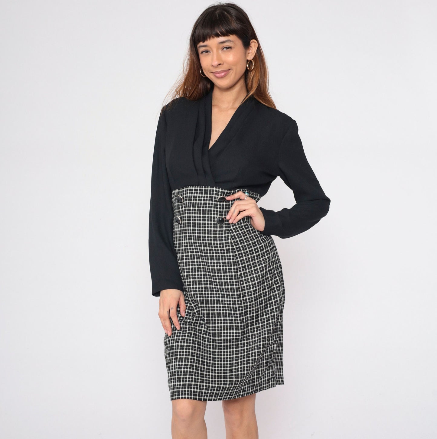 90s Black White Checkered Sheath Dress Surplice Neckline Long Sleeve Medium