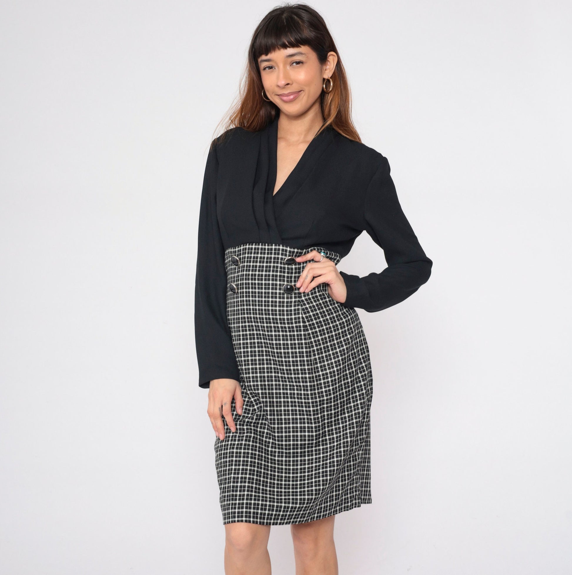 90s Black White Checkered Sheath Dress Surplice Neckline Long Sleeve Medium