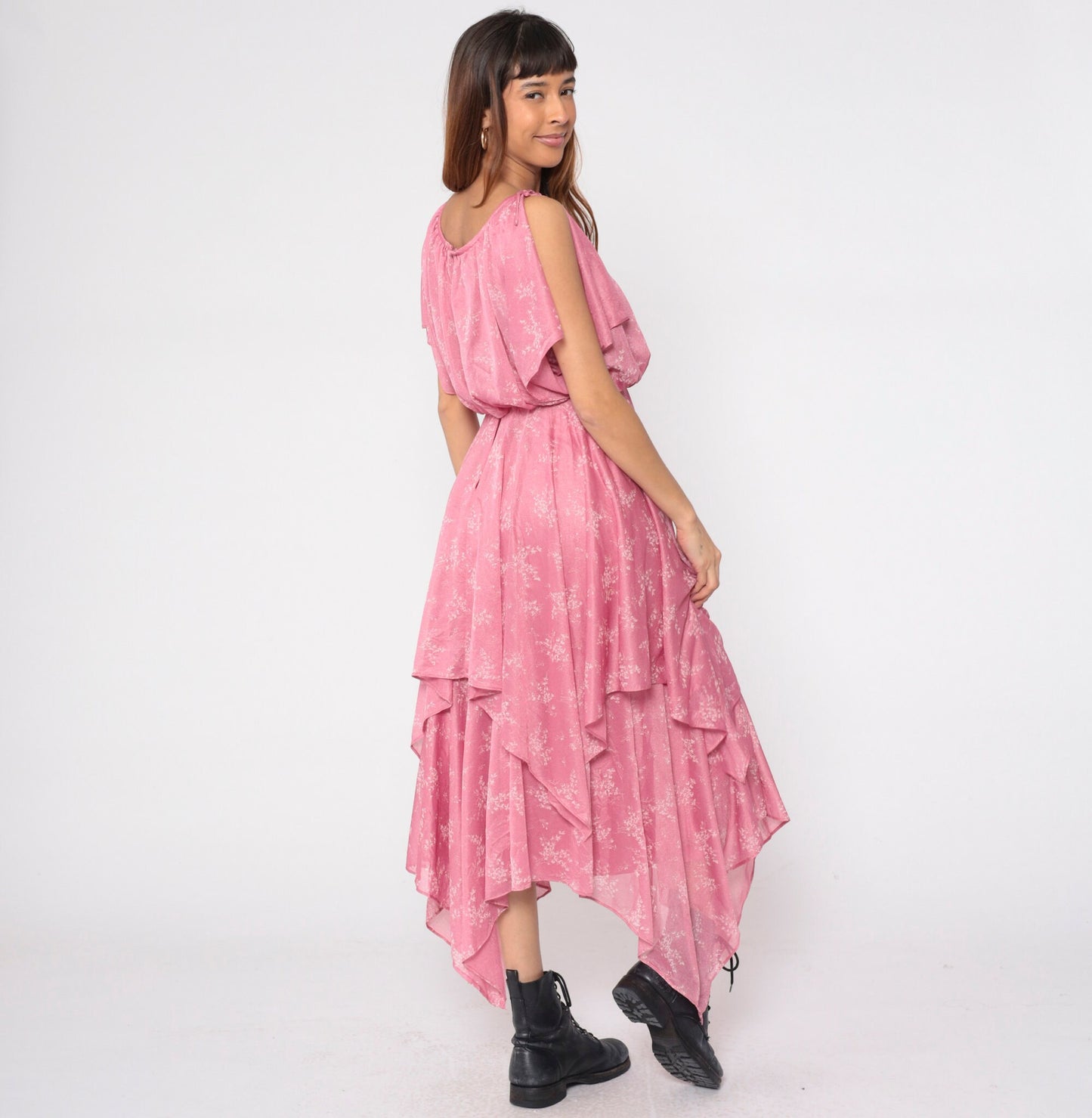 70s Pink Floral Handkerchief Hem Midi Dress Split Sleeve Grecian Small