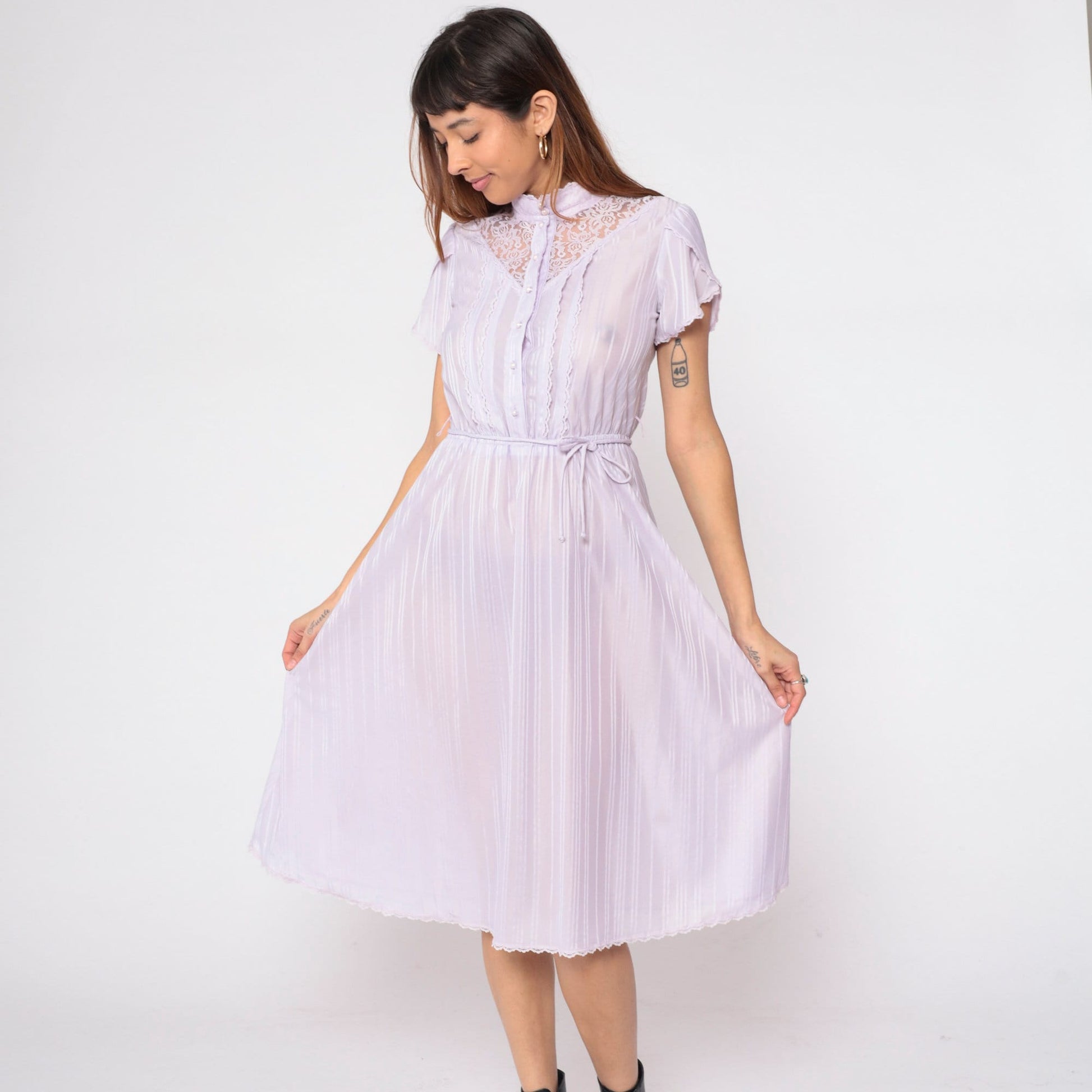70s Lavender Striped Prairie Dress Lace Yoke Button-Up Tulip Sleeve Small