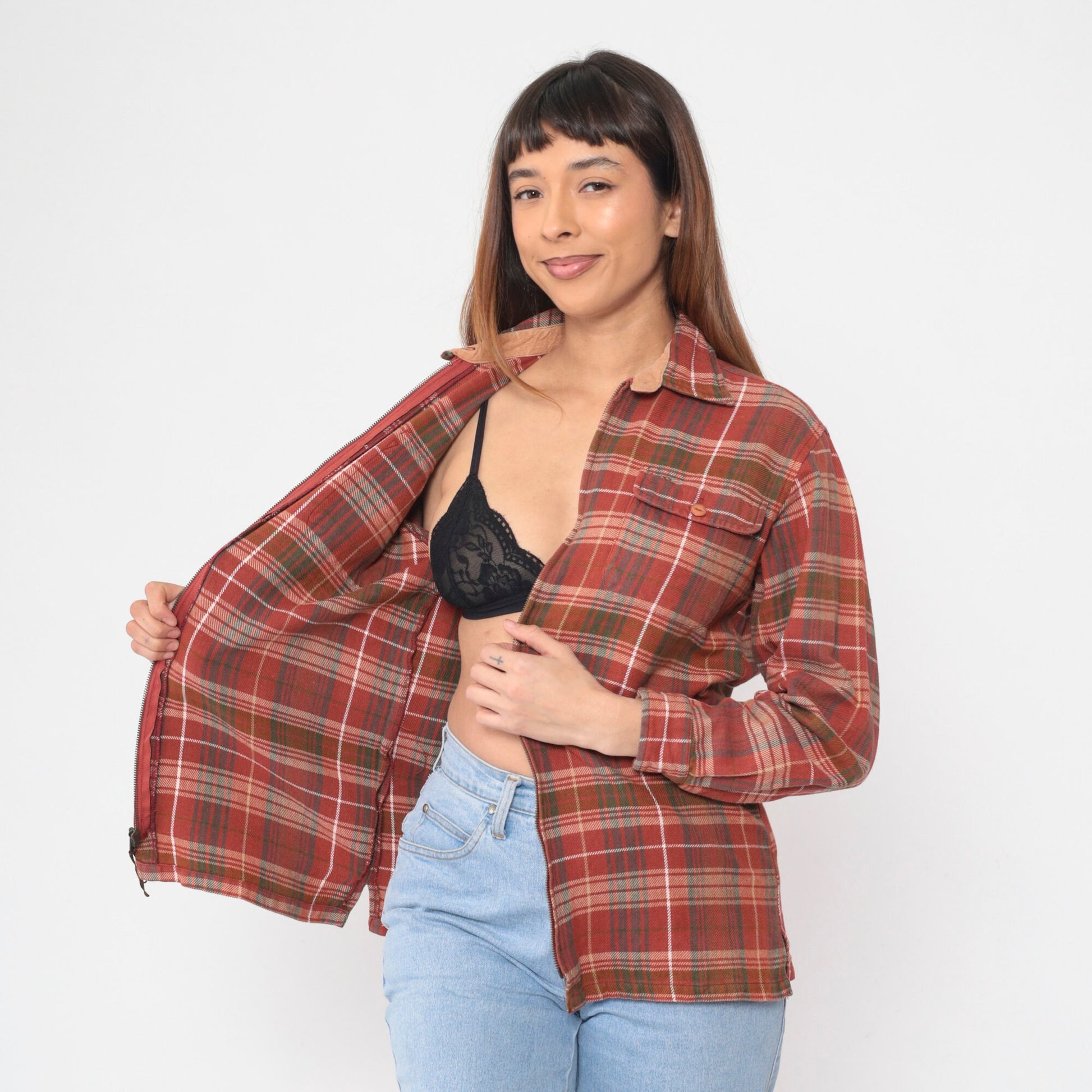 Y2K Plaid Flannel Zip Jacket Red Checkered Cotton Shacket Small