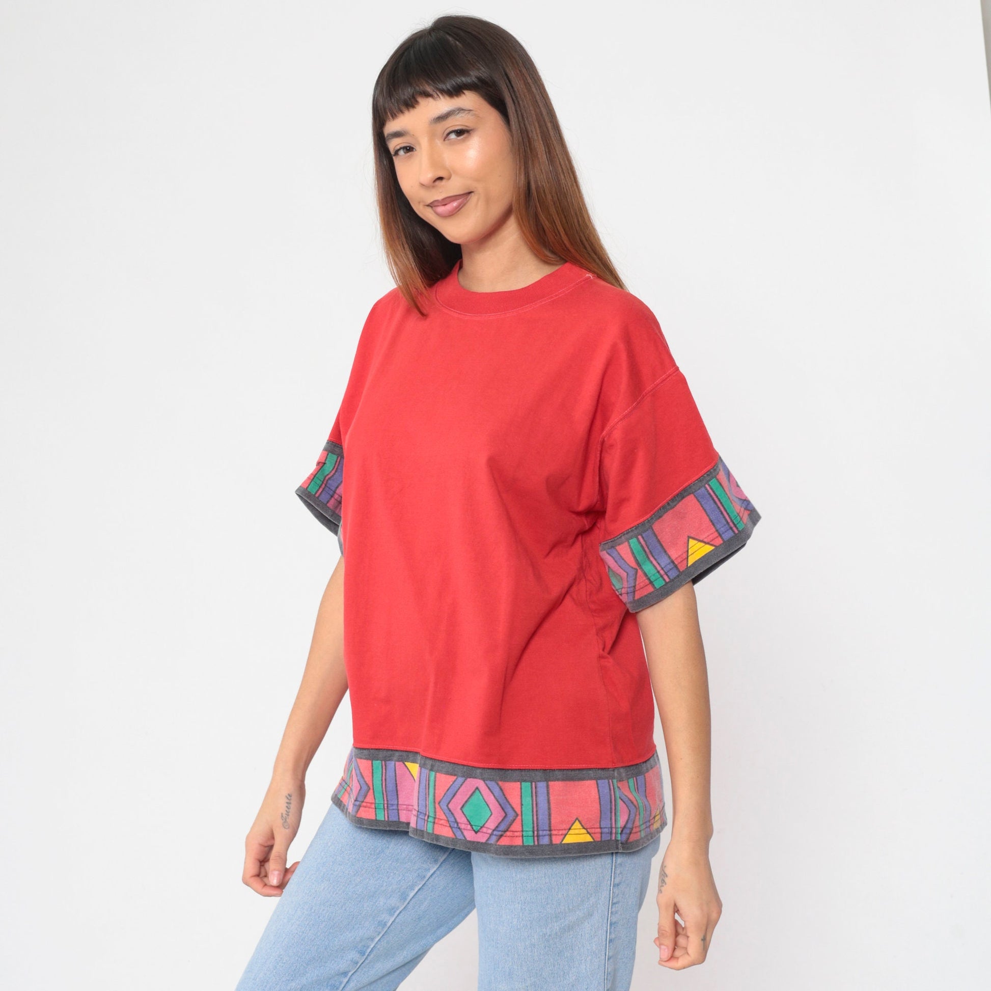 90s Southwestern Geometric Red Graphic T-Shirt Cotton Large