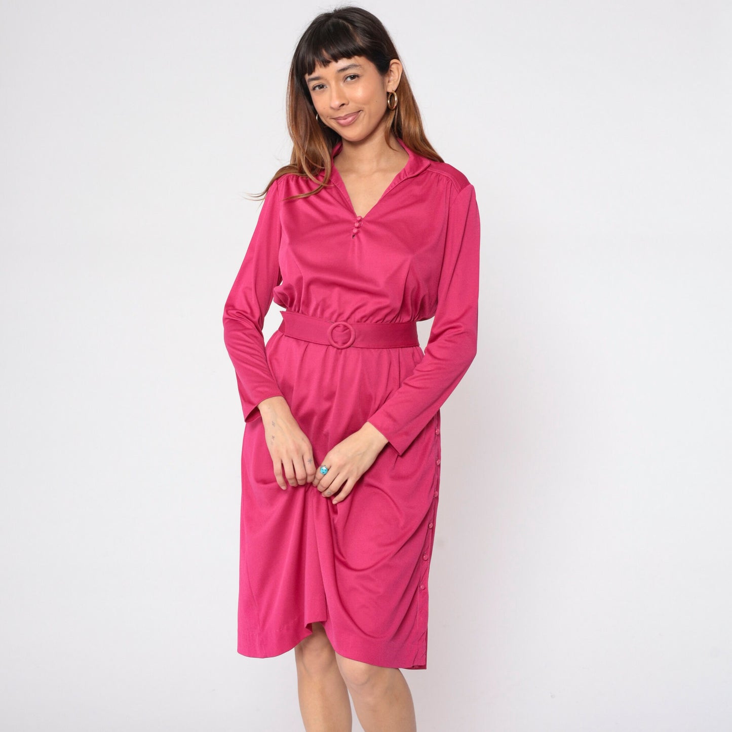 70s Leslie Faye Midi Dress Pink Blouson Long Sleeve Belted Small