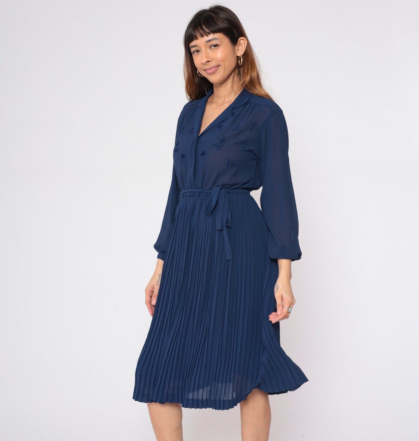 70s Navy Floral Sheer Dress High Waist Pleated Midi Long Sleeve Small