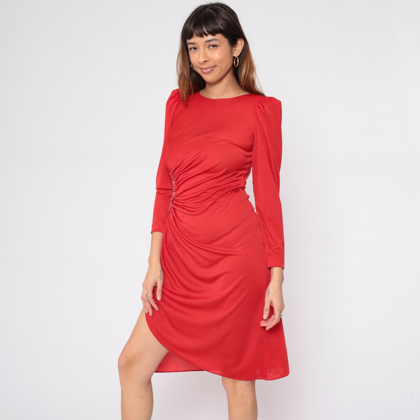 80s Red Sequin Draped Midi Dress Puff Sleeve Grecian Disco Small