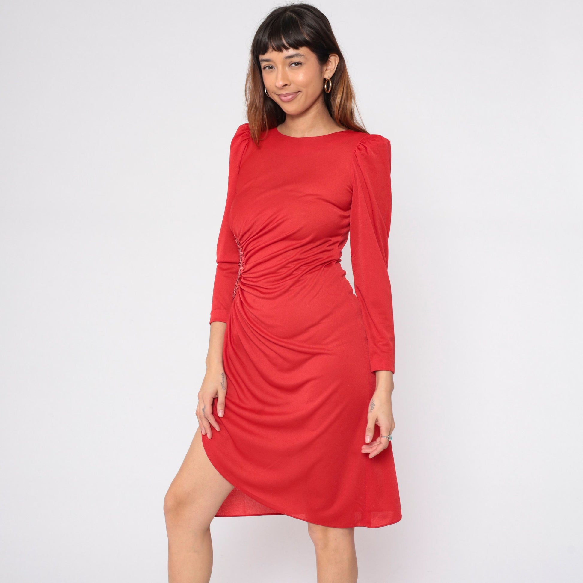 80s Red Sequin Draped Midi Dress Puff Sleeve Grecian Disco Small