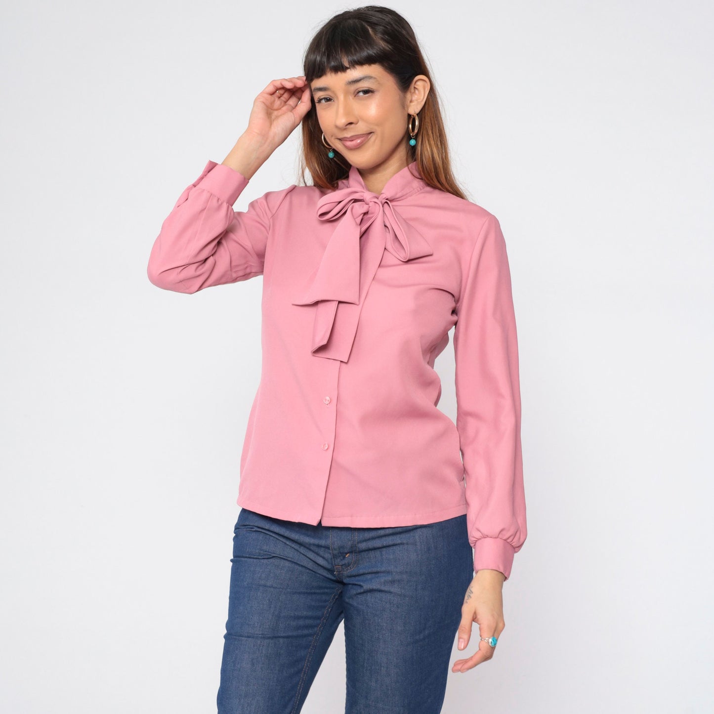 80s Judy Bond Pink Necktie Blouse Long Sleeve Button Up Medium M