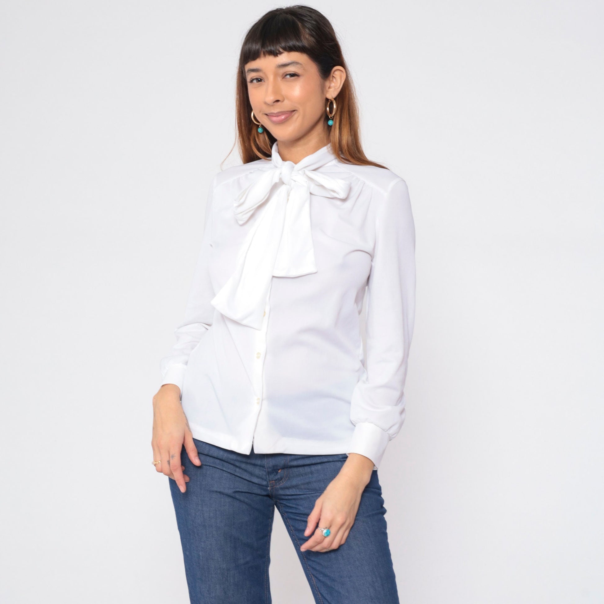 70s White Necktie Blouse Long Sleeve Button Up Ascot Shirt Medium