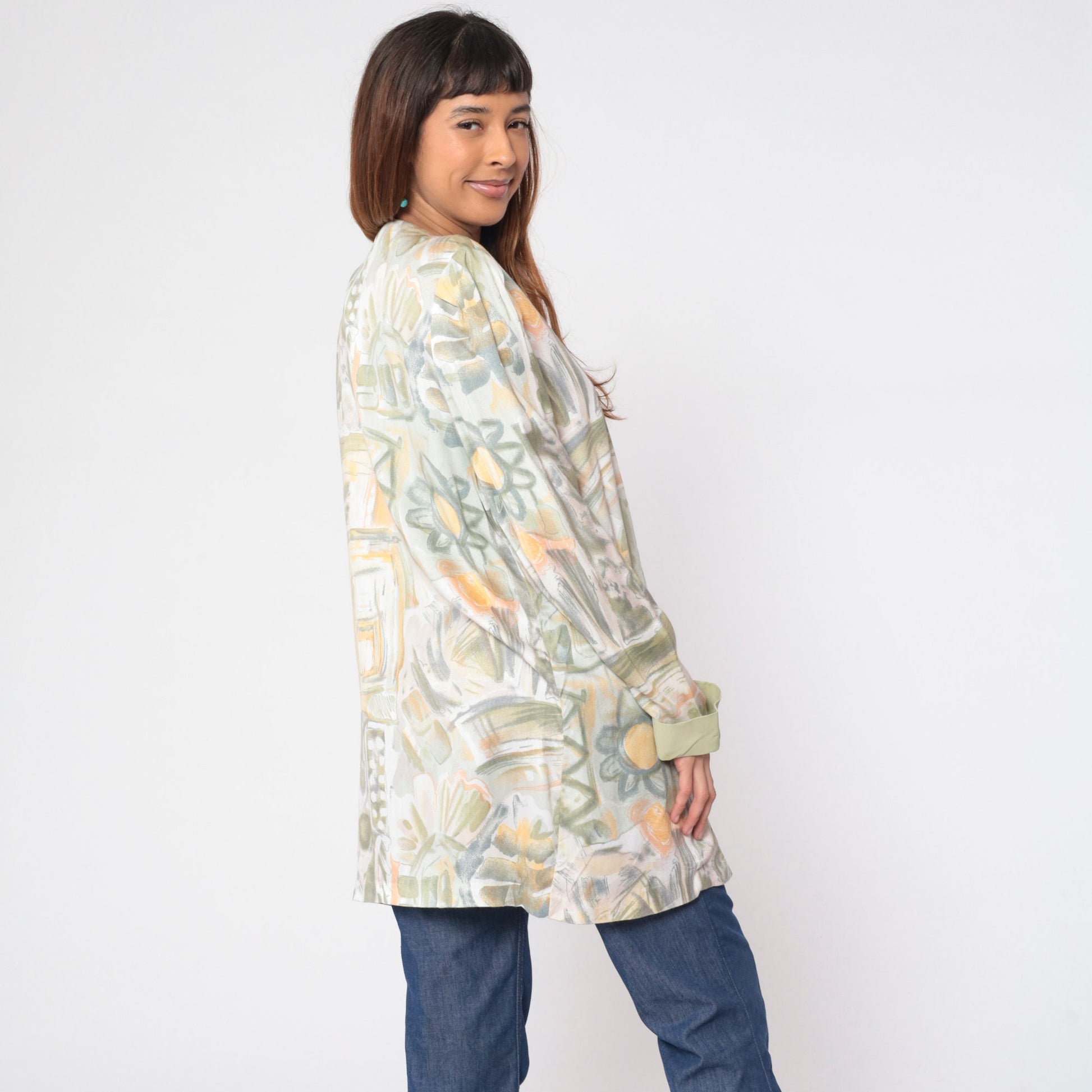 90s Abstract Floral Open Front Jacket Daisy Leaf Print Rayon Medium