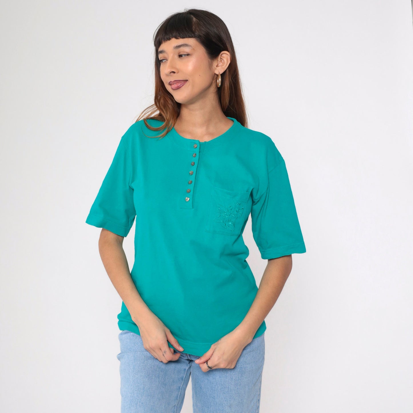 90s Teal Henley Tee Floral Embroidered Pocket Cotton Small