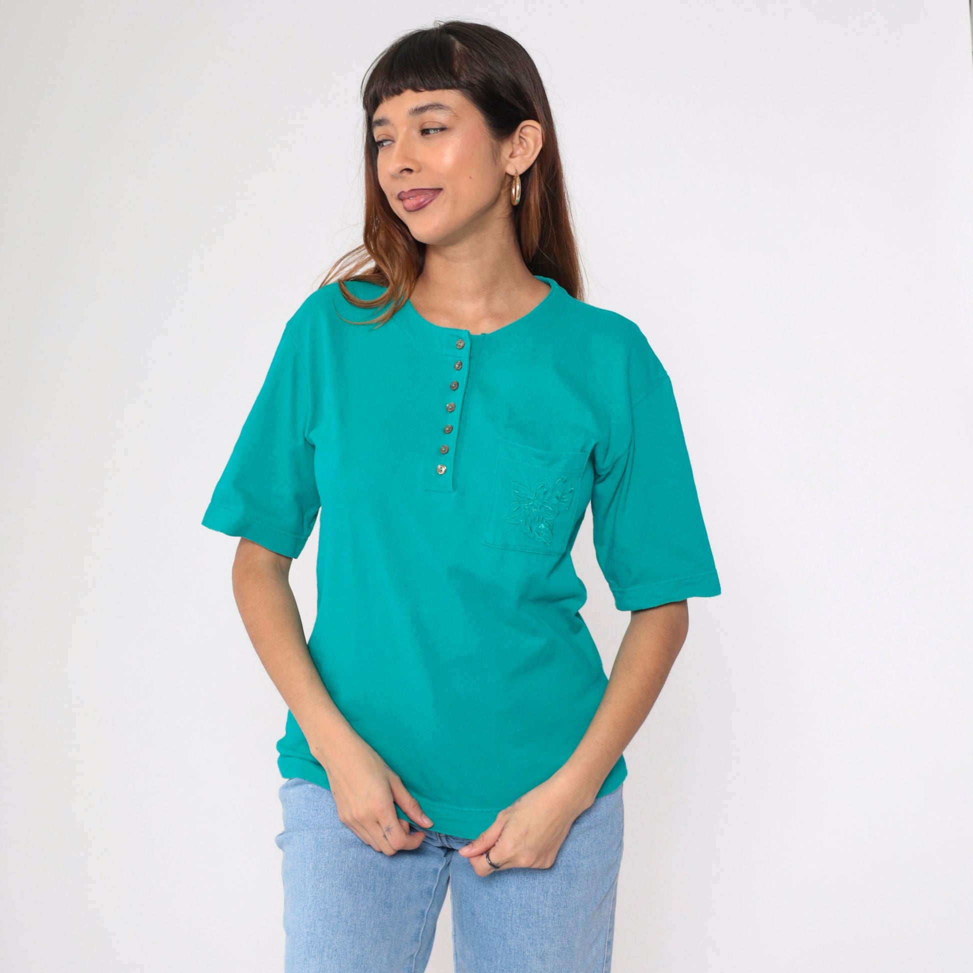 90s Teal Henley Tee Floral Embroidered Pocket Cotton Small
