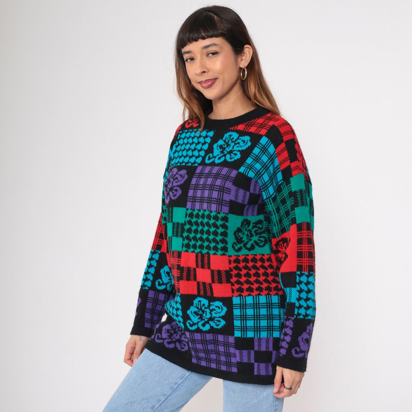 80s Traffic Jam Patchwork Checkered Floral Knit Sweater Black Red Blue Green Medium