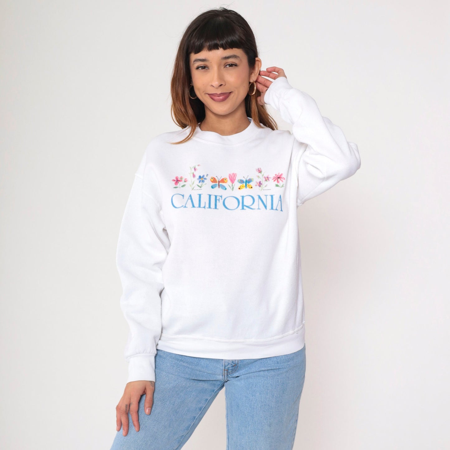 90s California Butterfly Floral Graphic Sweatshirt White Crewneck Small