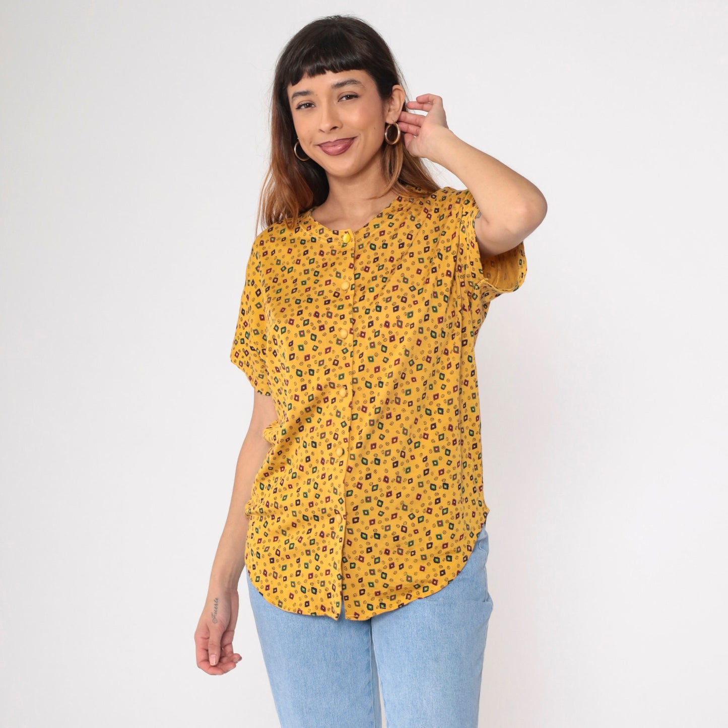 90s Yellow Geometric Diamond Print Button-Up Blouse Short Sleeve Medium