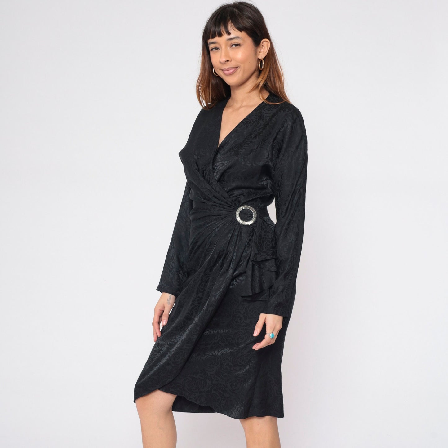 80s Argenti Black Silk Floral Jacquard Wrap Dress Midi Dolman Sleeve Medium 8