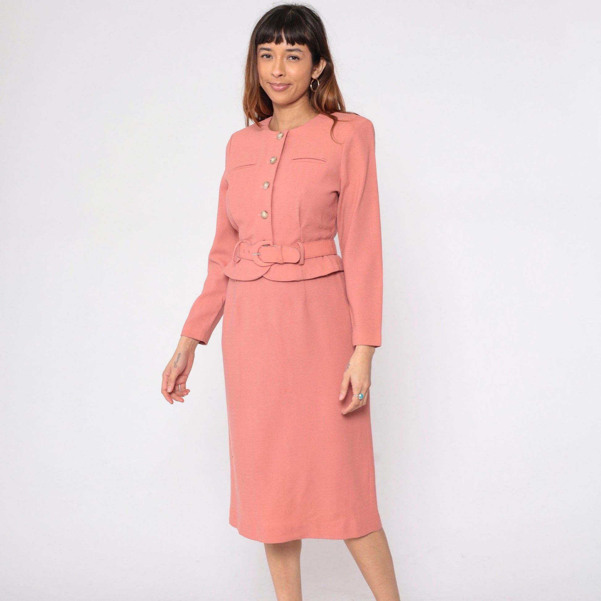 80s Talbots Salmon Pink Secretary Dress Midi Attached Jacket Small