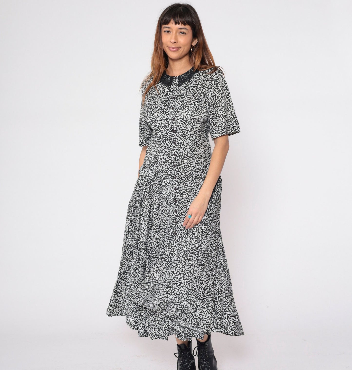 80s Diane Von Furstenberg Mosaic Print Midi Dress Black White Lace Collar Small 6