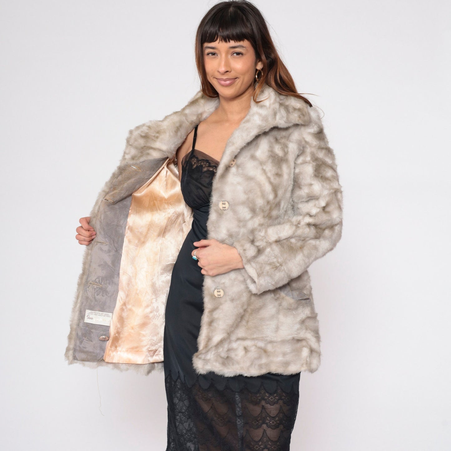 70s Sears Grey Faux Fur Coat Button Front Small