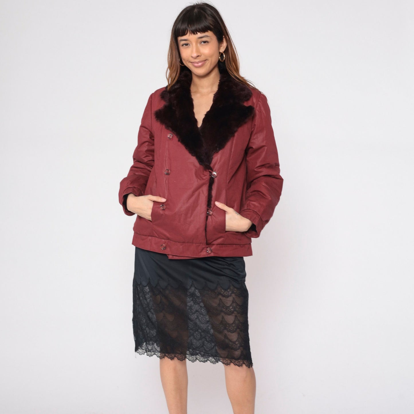 80s Burgundy Fur Double Breasted Pea Coat Reversible Medium
