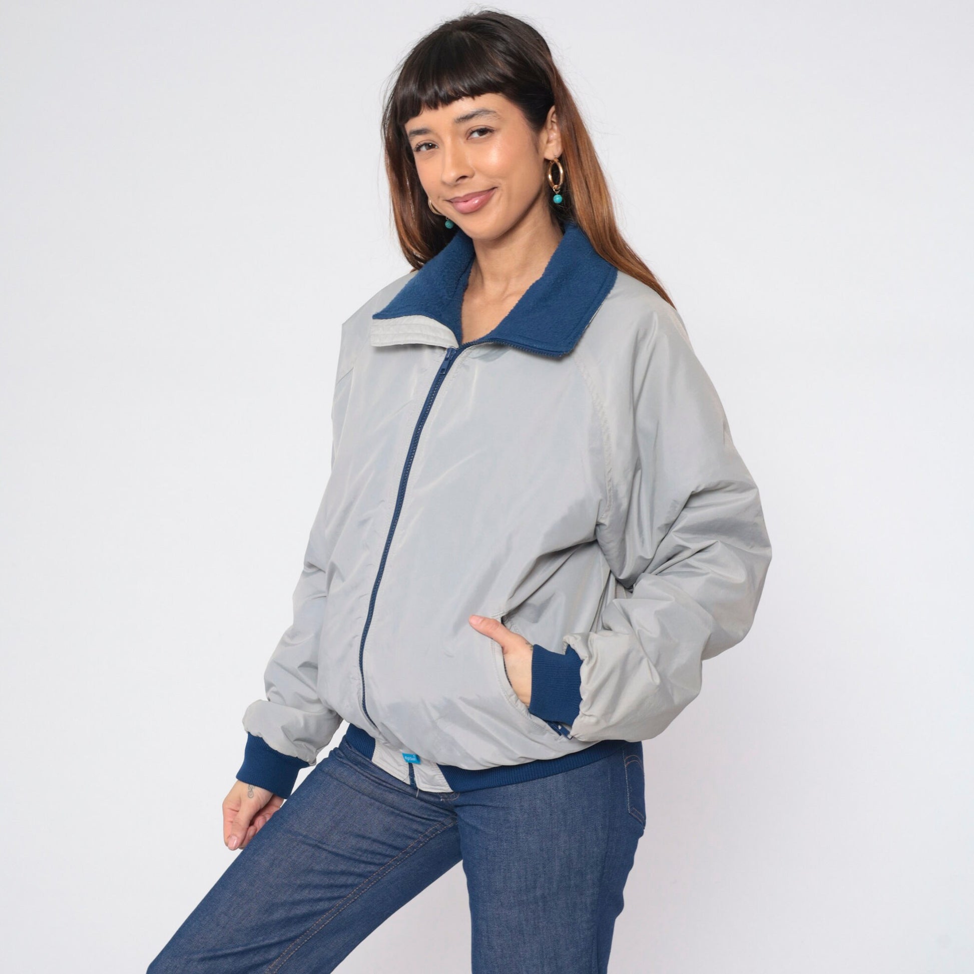 90s Grey Windbreaker Jacket Blue Fleece Lined Raglan Sleeve Large L
