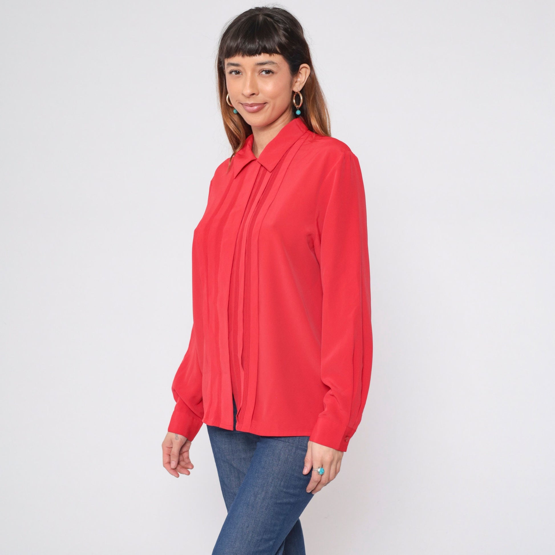 90s Red Pleated Button-Up Blouse Collared Long Sleeve Preppy Large