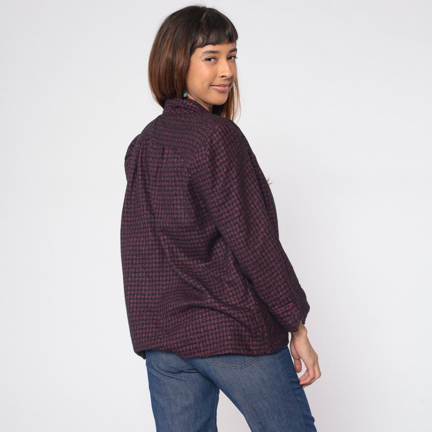 90s Metallic Checkered Blazer Pink Black Open Front Wool Blend Large L