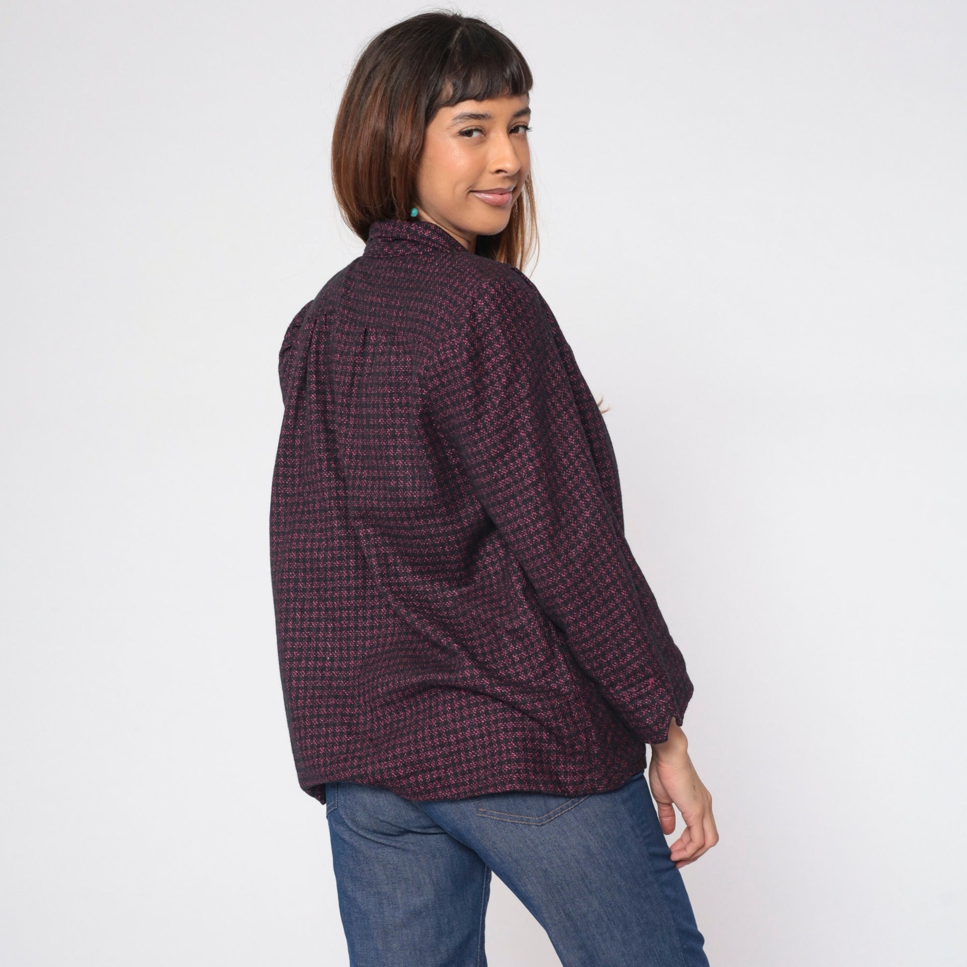 90s Metallic Checkered Blazer Pink Black Open Front Wool Blend Large L