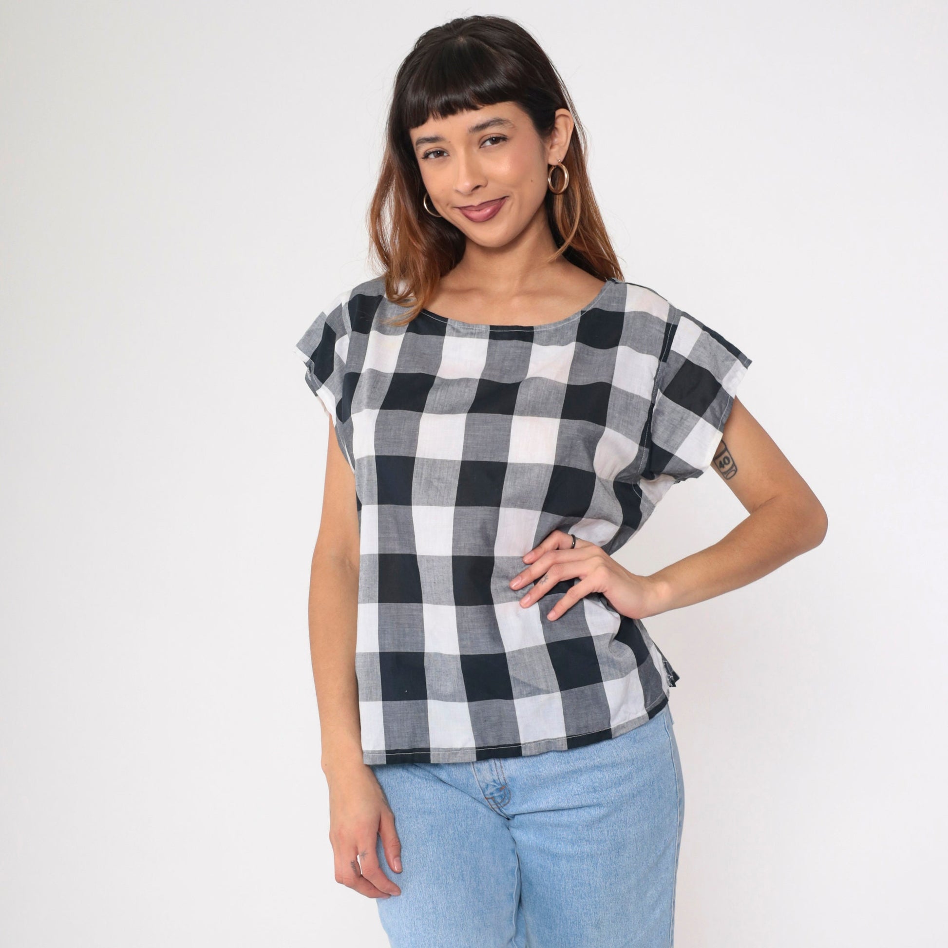 80s Buffalo Plaid Blouse Black White Checkered Cap Sleeve Scoop Neck Large