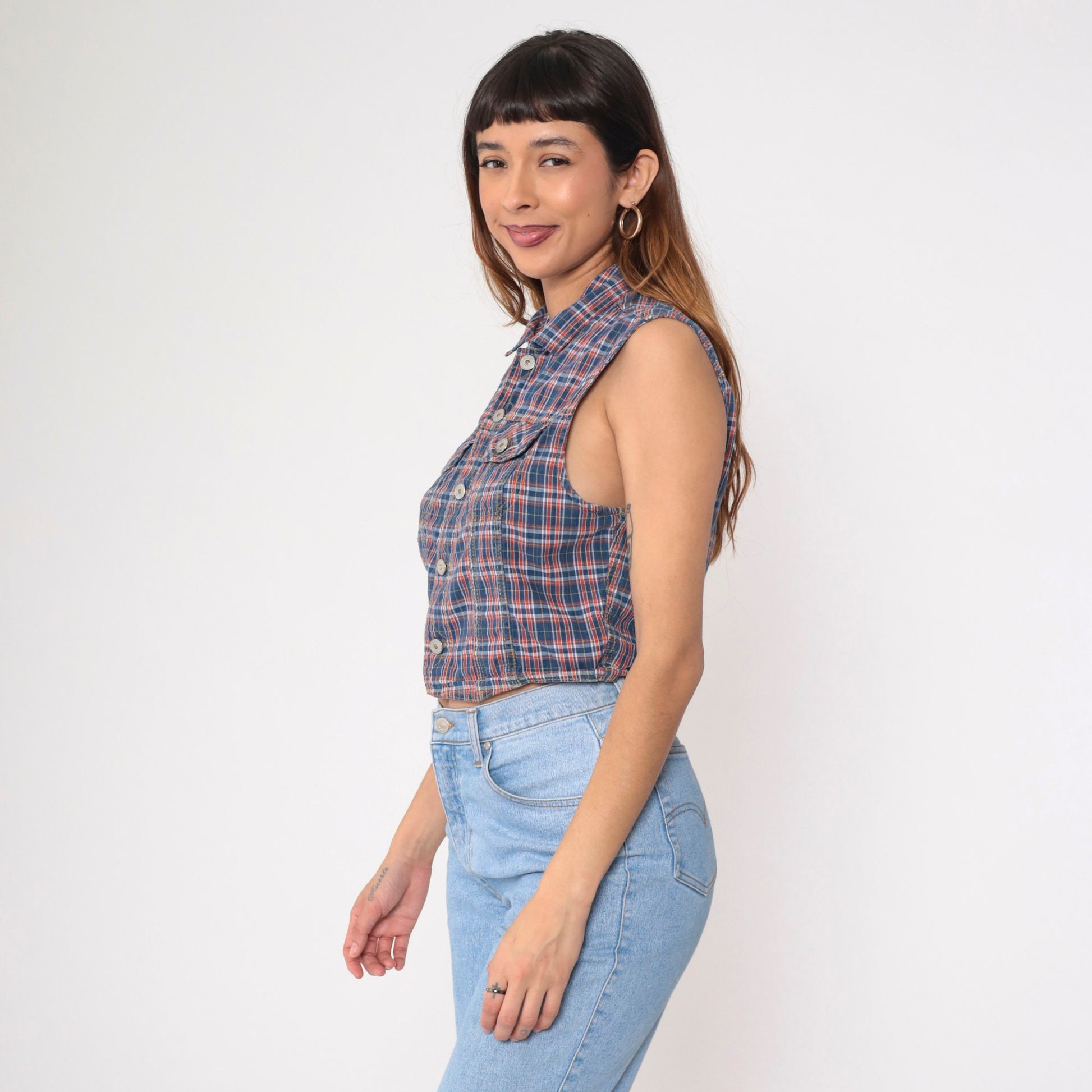 90s Plaid Button-Up Tank Top Blue Orange Checkered Cotton Medium