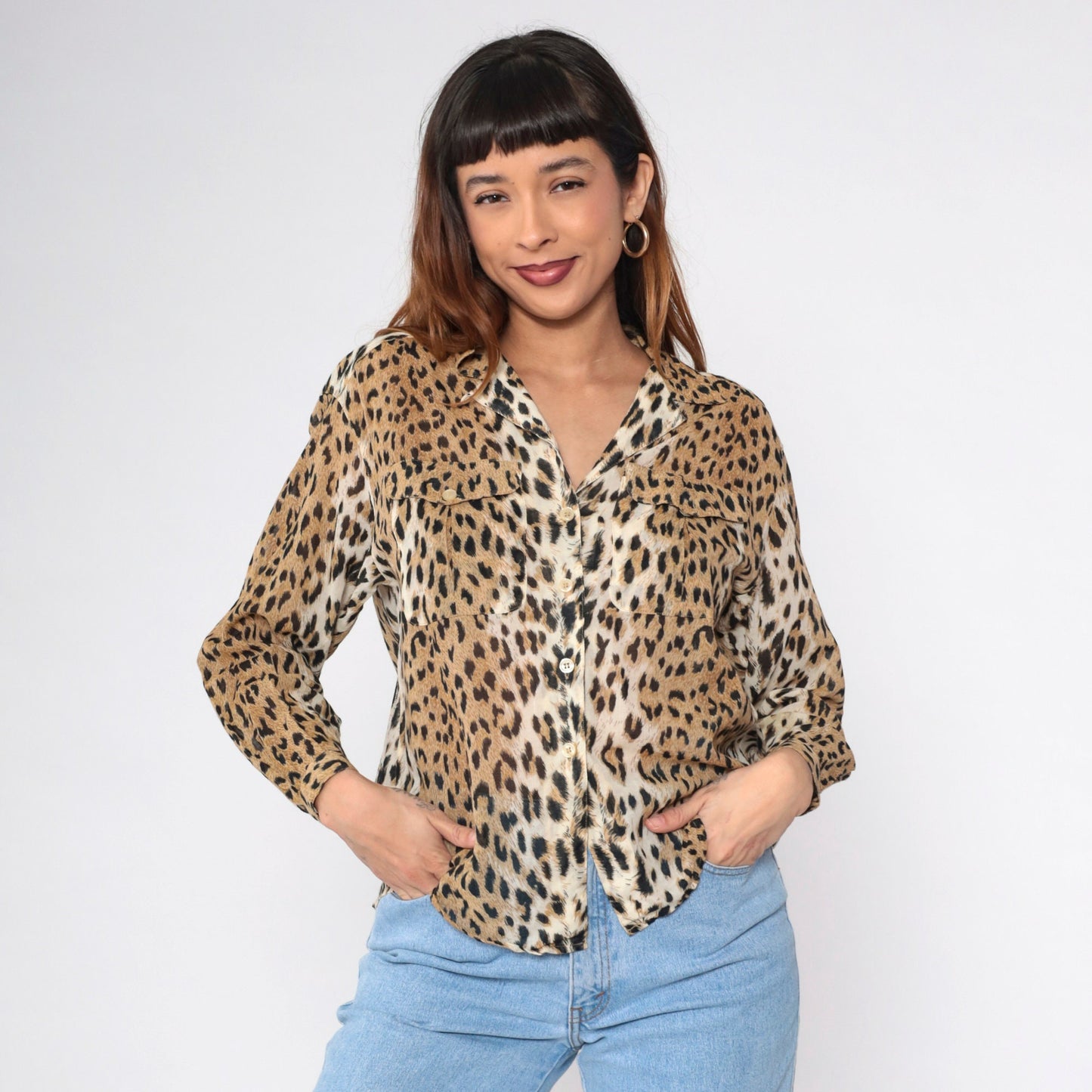 90s Liz Sport Leopard Print Button Up Blouse Long Sleeve Cotton Small Petite