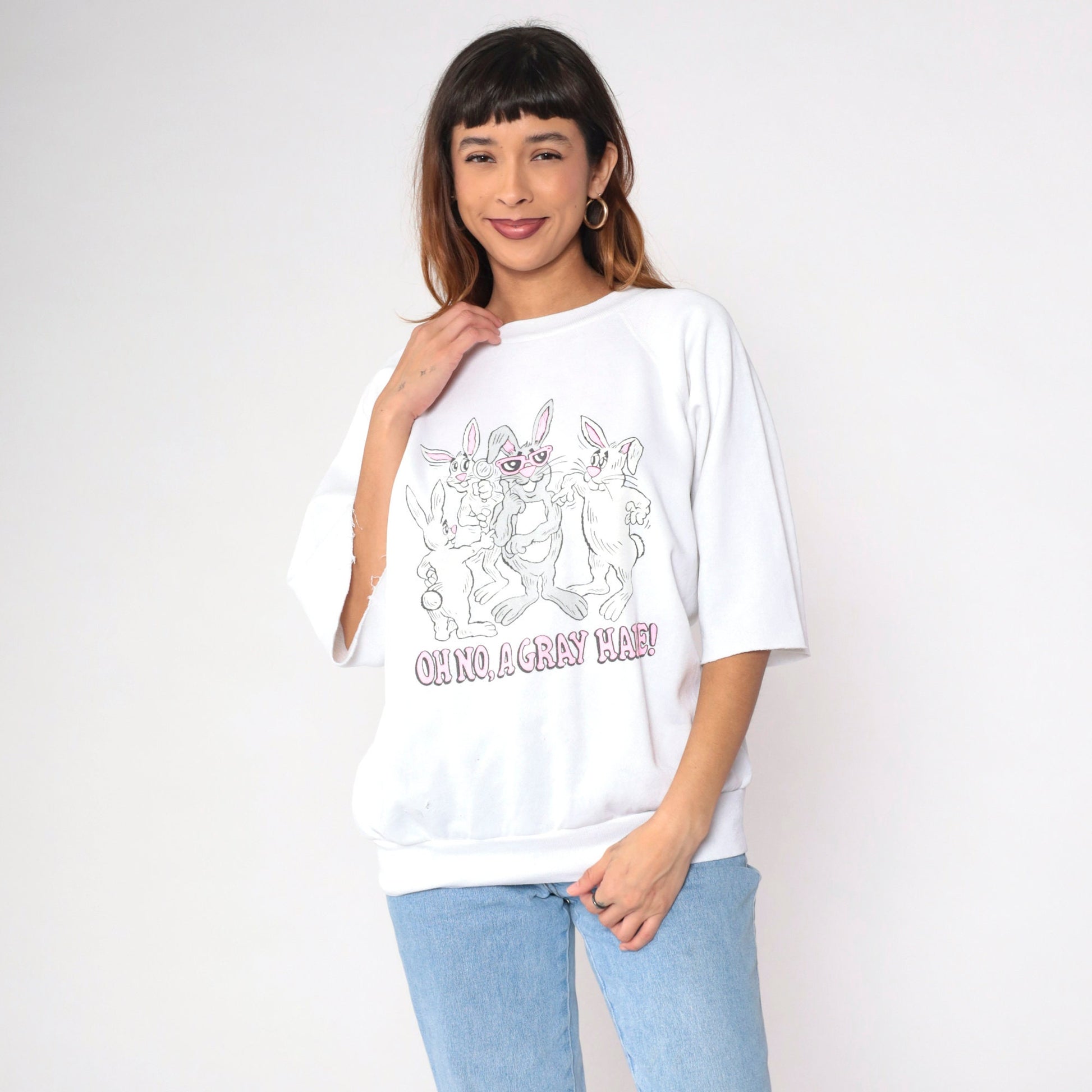 80s Rabbit Pun Sweatshirt Grey Hare Cartoon Bunny Graphic Cutoff Large