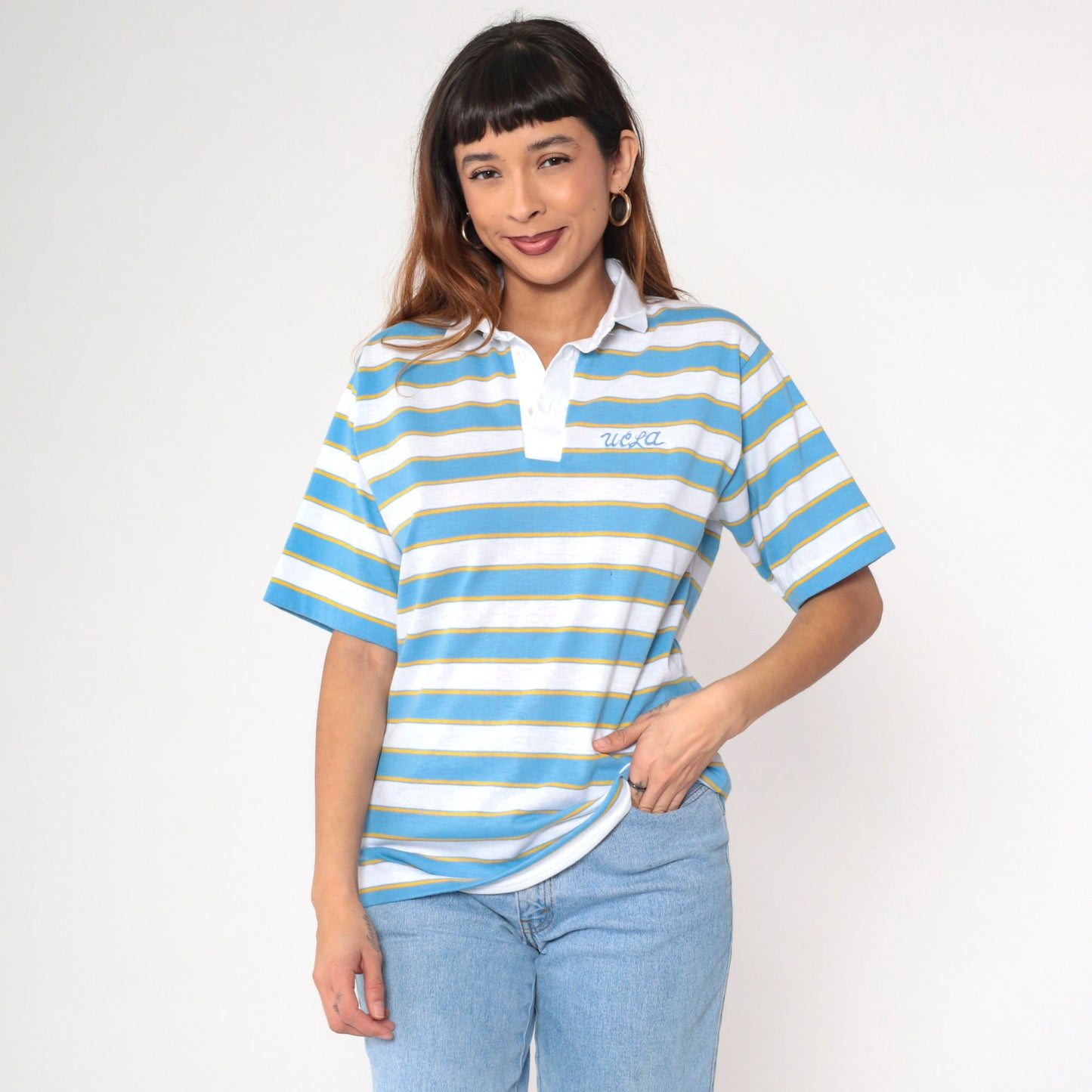80s UCLA Bruins Striped Polo Shirt White Blue Gold Embroidered Medium