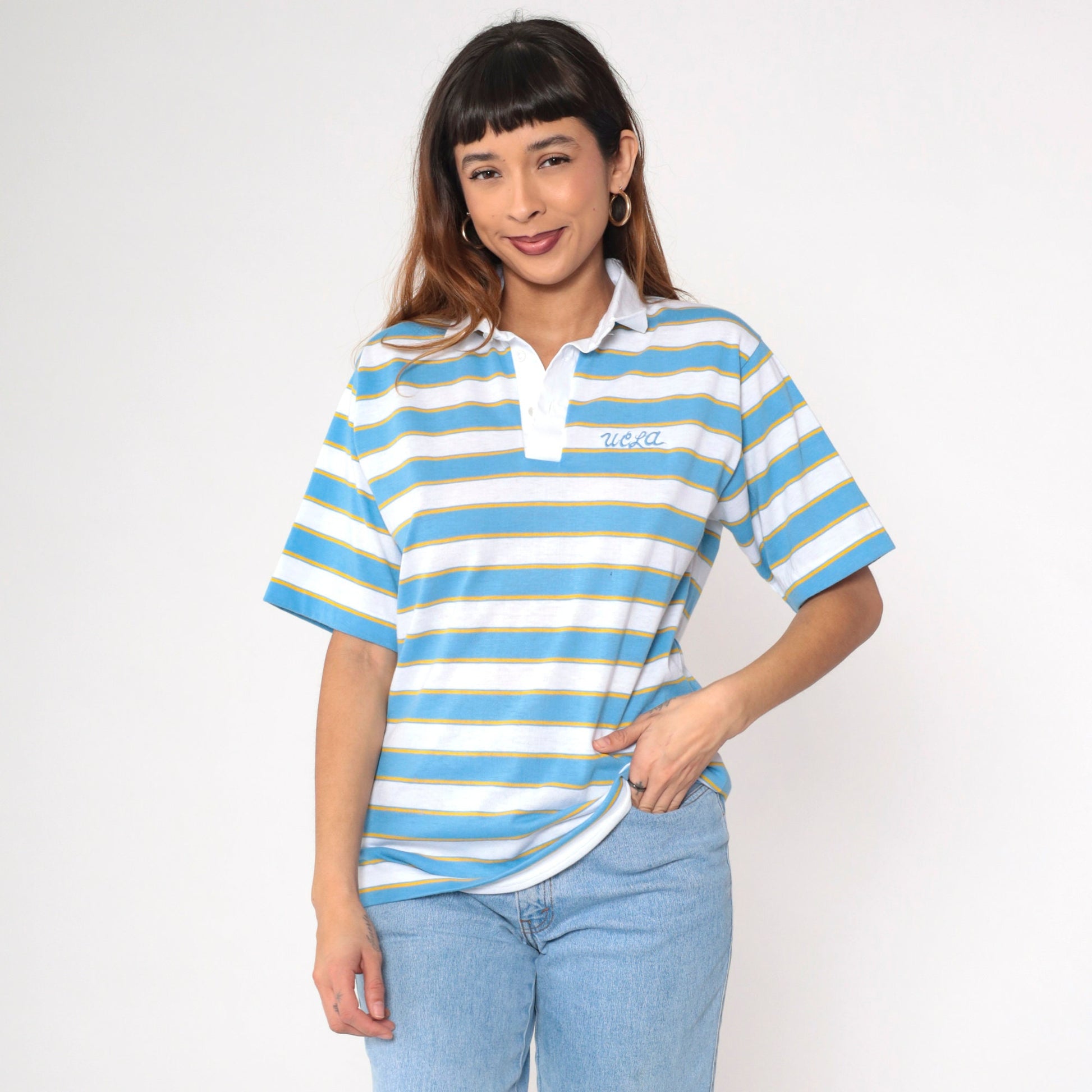 80s UCLA Bruins Striped Polo Shirt White Blue Gold Embroidered Medium