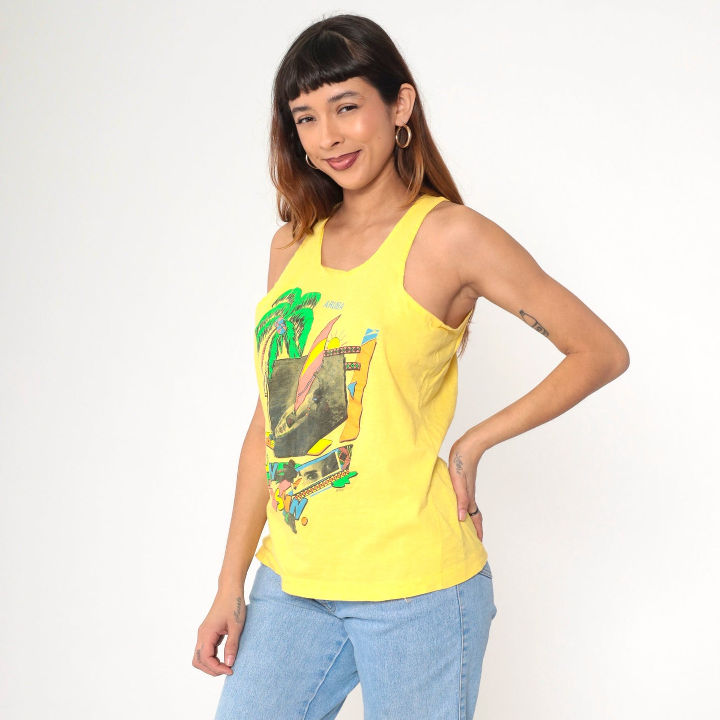 90s Aruba Windsurfing Tank Top Yellow Graphic Caribbean Small