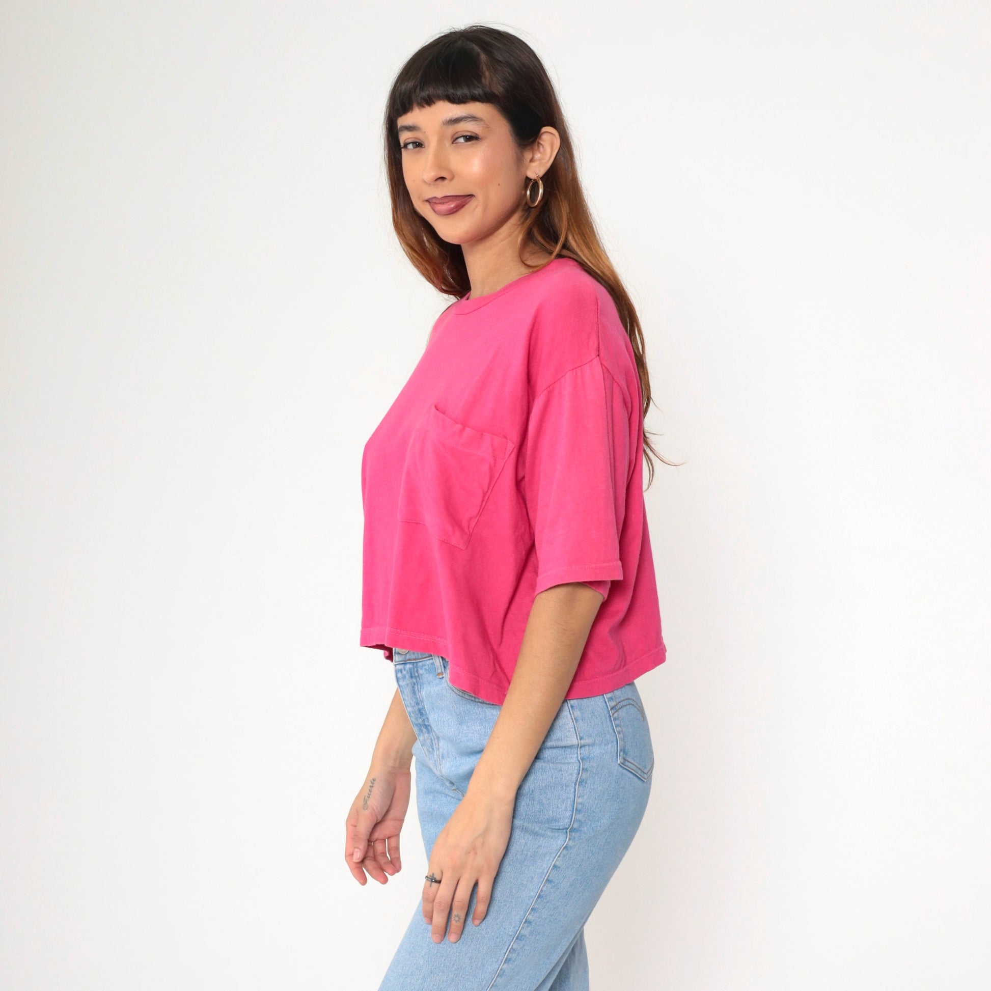 90s Energie Hot Pink Crop Top Cotton T-Shirt Pocket Tee Large L