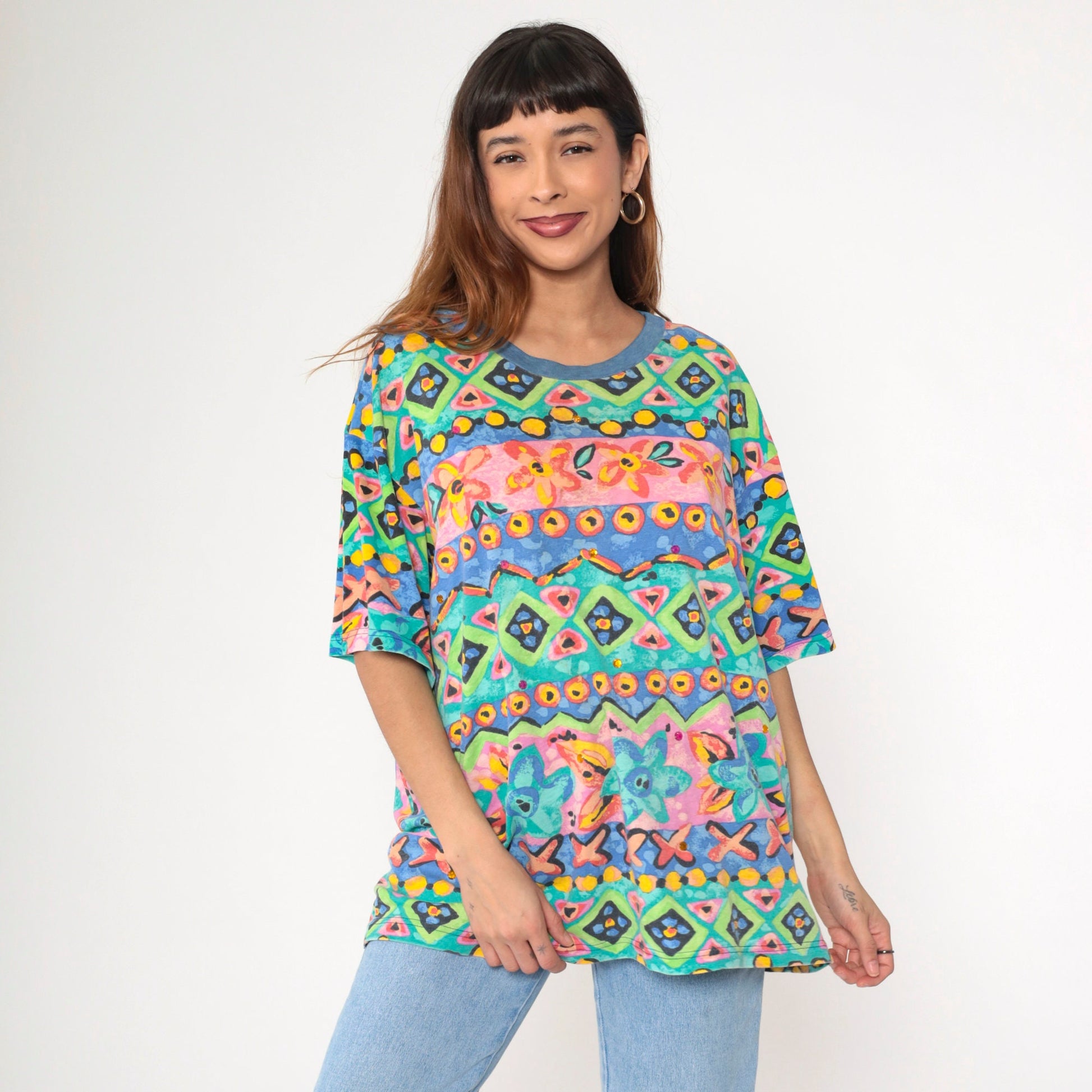 90s Geometric Floral Rhinestone T-Shirt Green Pink Blue Extra Large XL