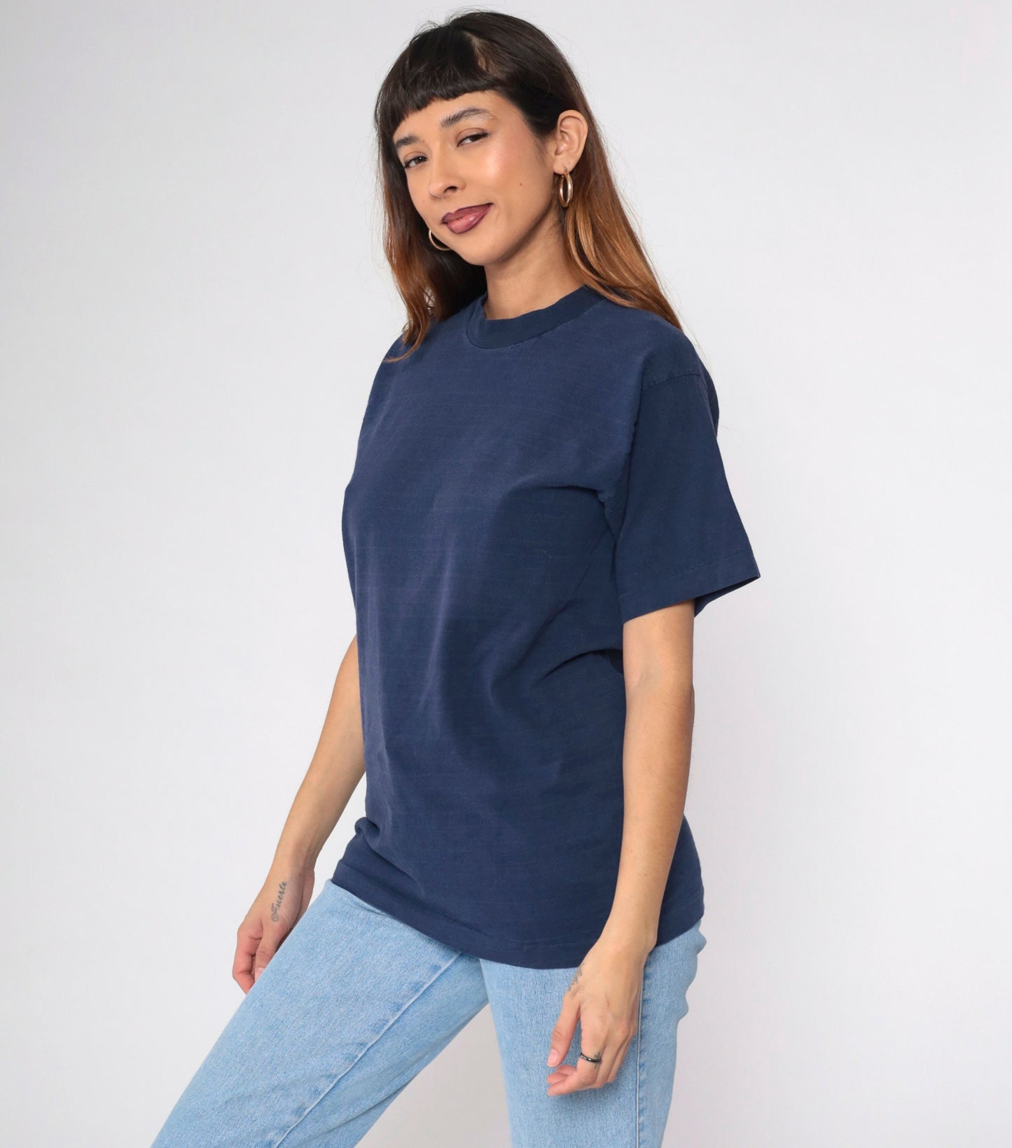 80s Navy Striped Single Stitch T-Shirt Plain Tee Medium