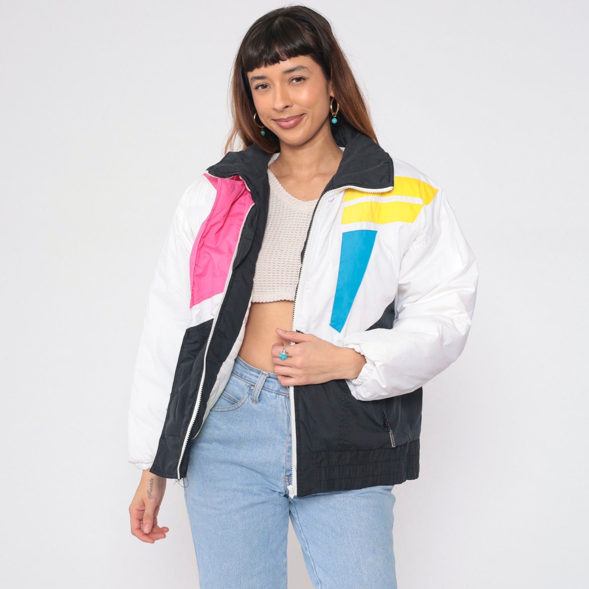 80s Geometric Colour Block Puffer Ski Jacket Black White Blue Pink Yellow Medium