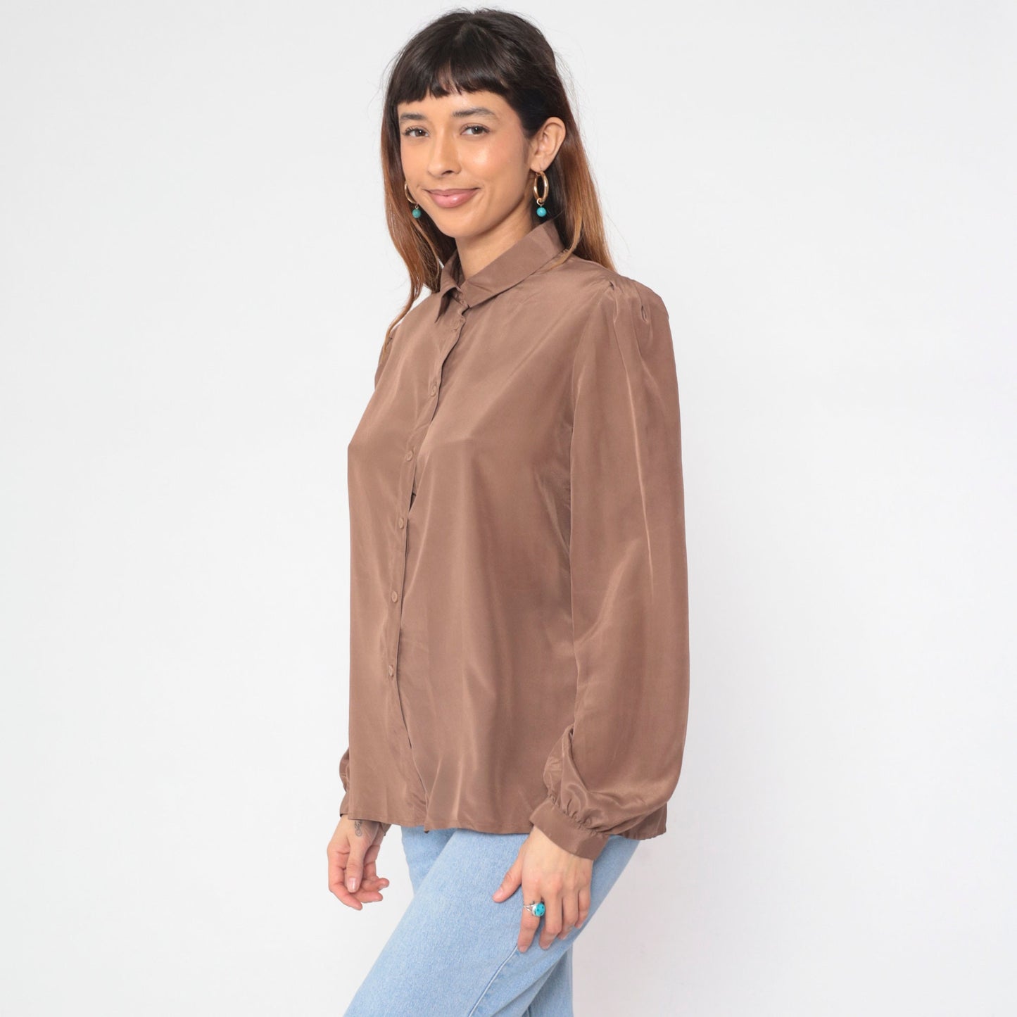 80s Regina Porter Puff Sleeve Blouse Mocha Brown Button Up Shirt Large
