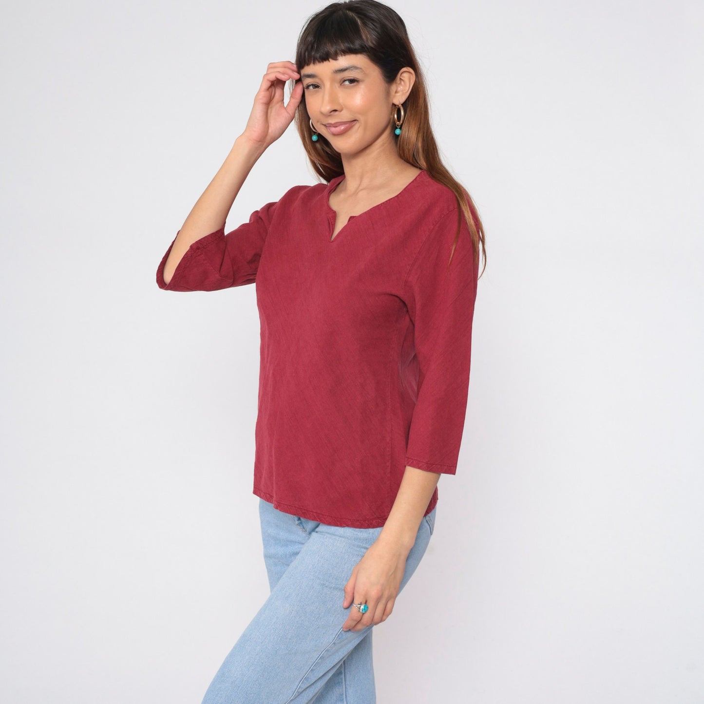 90s Burgundy Cutwork Blouse Floral Long Sleeve Tunic Small