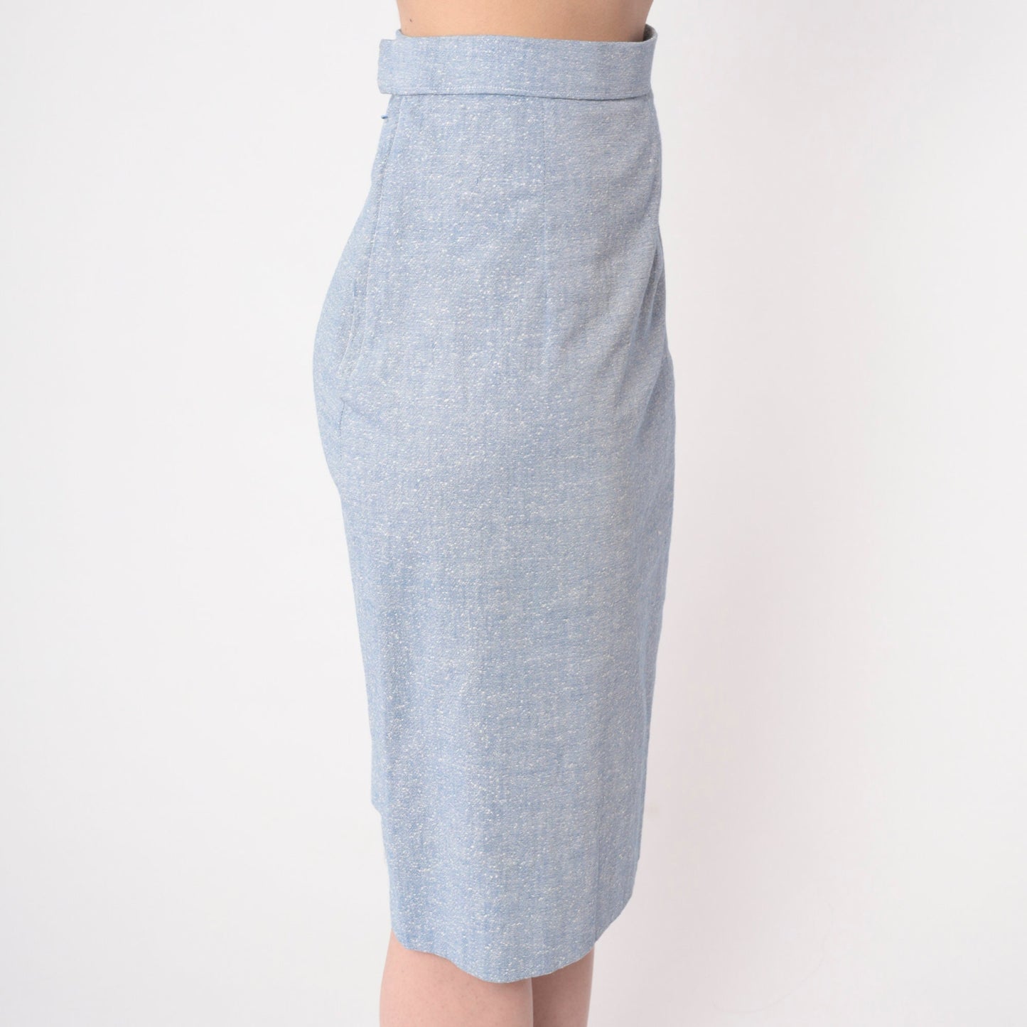 70s Light Blue Flecked Pencil Skirt High Waist Midi Extra Small XS