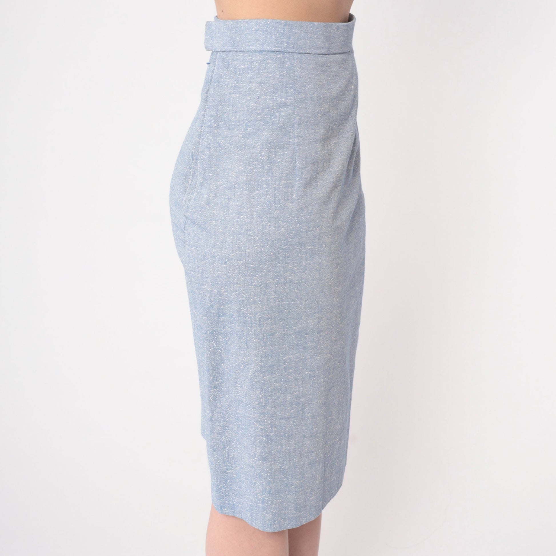 70s Light Blue Flecked Pencil Skirt High Waist Midi Extra Small XS
